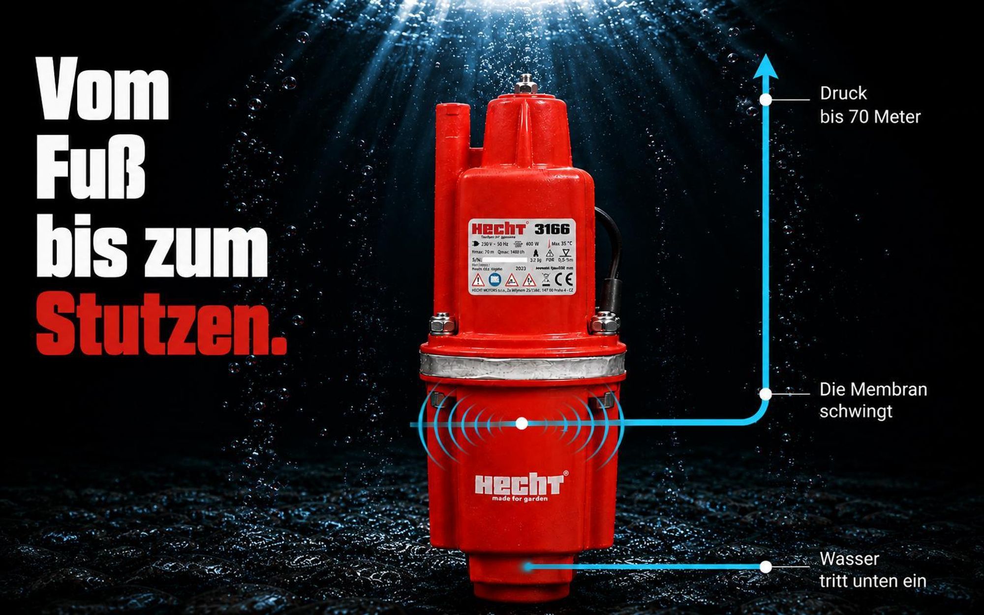 HECHT 3166 Membranpumpe | 600 W | 1400 l/h | 70 m Förderhöhe | DN 125 | 10 m Anschlusskabel