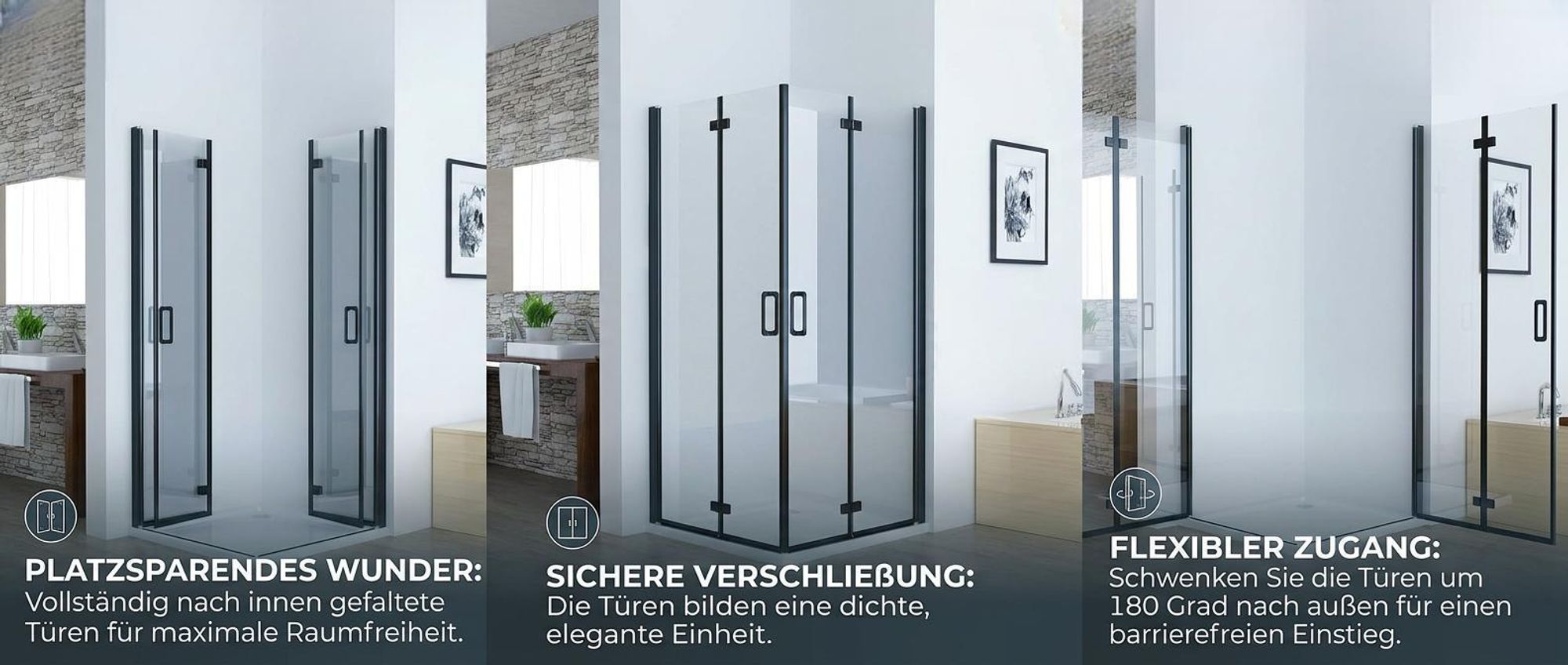 LISA Duschkabine 90x80 x185 cm Eckeinstieg Falttür 180º Pendeltür Glas Duschwand für Dusche mit Matt Schwarz Rahmen ESG Sicherheitsglas Faltbar