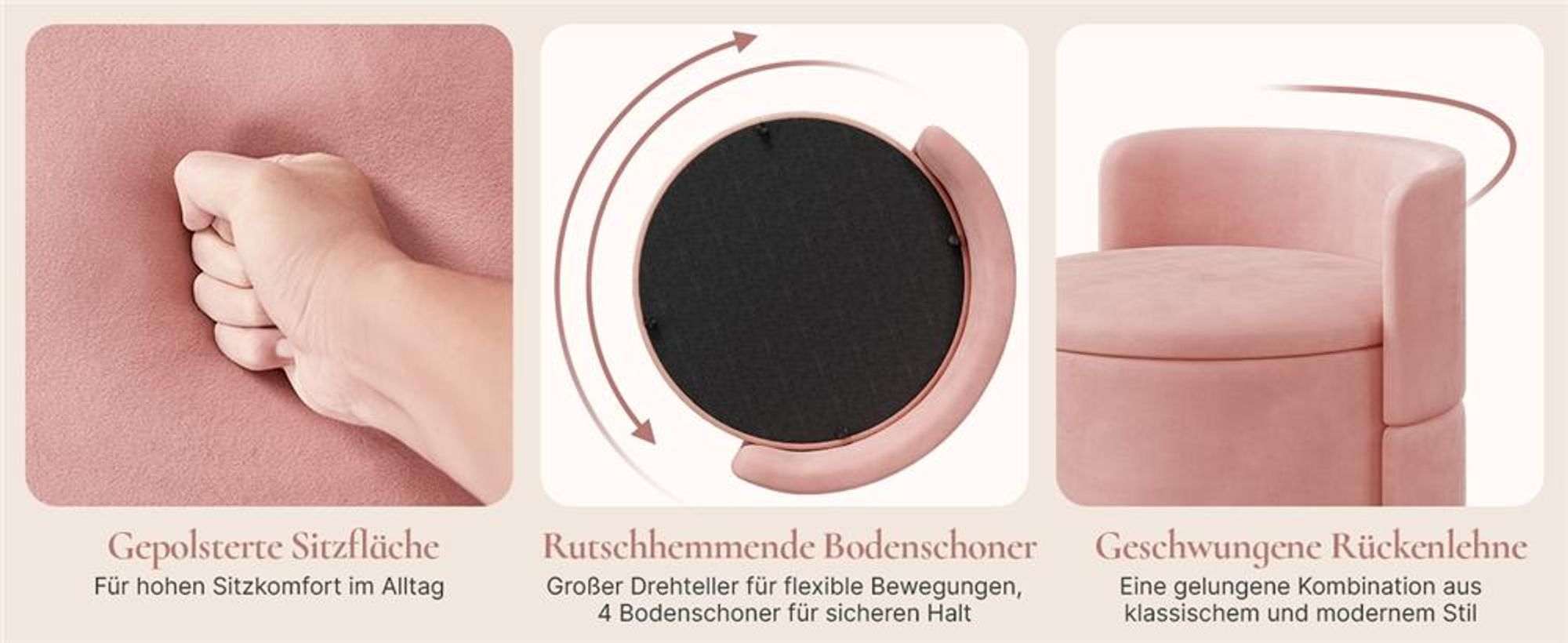 Yaheetech Drehbarer Sitzhocker mit Stauraum 40 L, gepolsterter Schminkhocker, Hocker für Schminktisch, aus Samtbezug, bis 136 kg, Rosa