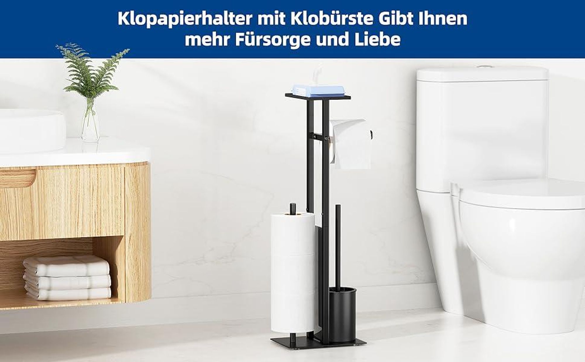 Toilettenpapierhalter, Klopapierhalter, 4-in-1 WC-Rollenhalter, stehender Ersatzrollenhalt, mit Tablett, WC Bürste, Klorollenhalter