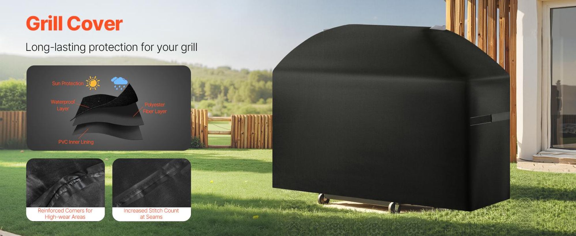 VEVOR Grillabdeckung Abdeckhaube Grillhaube (160 cm) Abdeckplane für Außengrills, wasserdicht & wetterbeständig, strapazierfähiges 600D-Polyester, einfaches An- und Ausziehen, mit Klettbändern