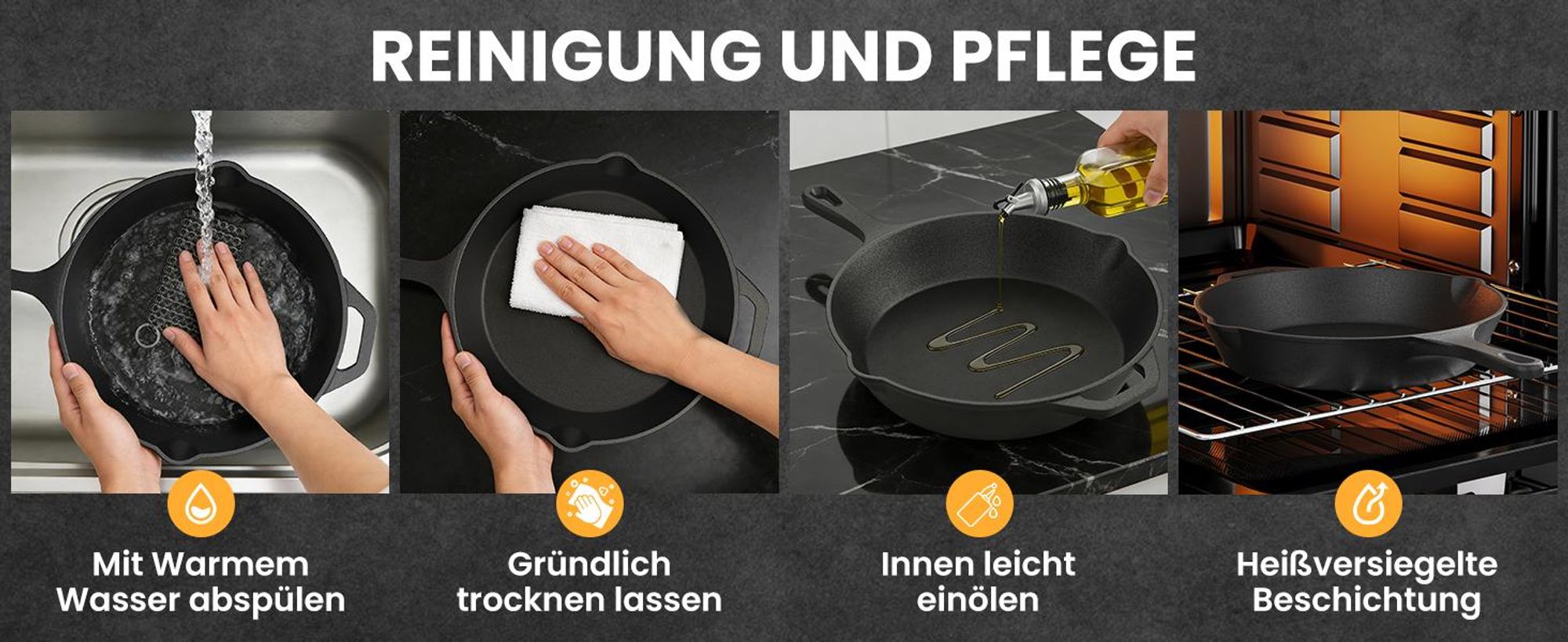 Gusseisenpfanne 3 tlg Pfannenset 16/20/26cm Bratpfanne Gusseisen Pfanne Induktion, Antihaft Pfanne Geeignet für alle Herdarten
