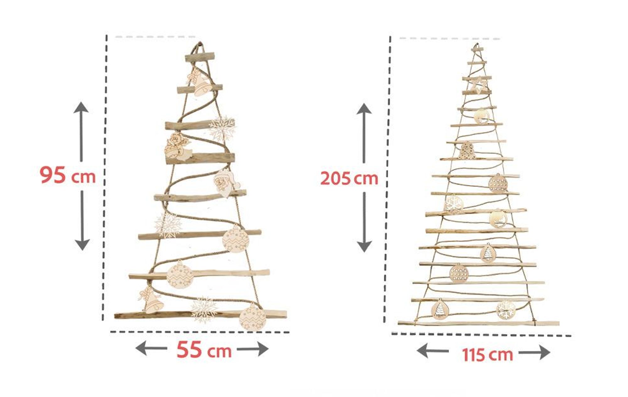 BOGATECO Handgemacht Weihnachtsbaum 205 cm hoch mit Dekorationen, aus Haselnussholz | Deko Anhänger | mit 10 m LED-Leuchten | Holzplatten verbunden mit einem Juteseil mit Einer Dicke von 6 mm