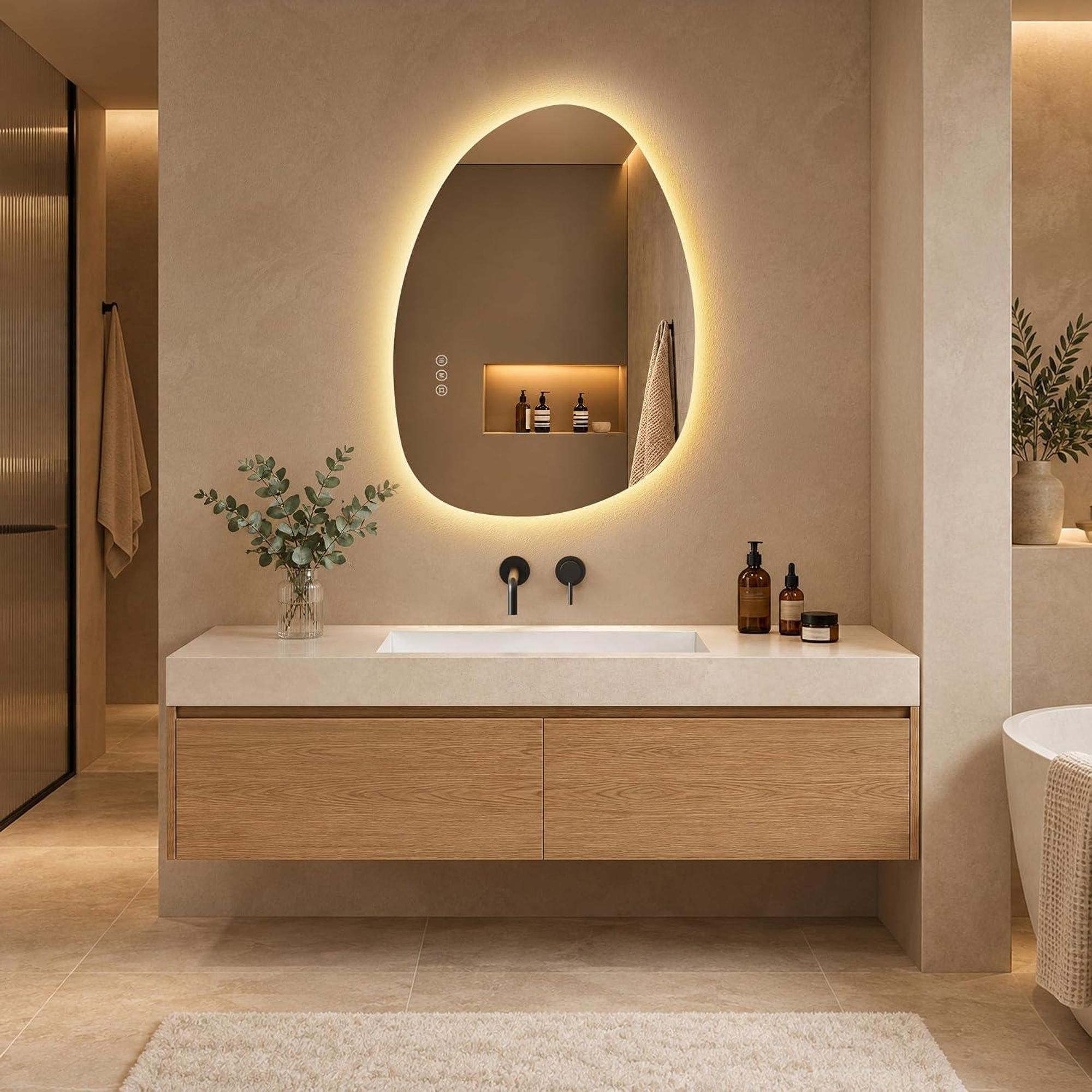 AJIE Studio FORMA LED-Badspiegel, Asymmetrisch, 75 x 55 cm, 3 Lichtfarben, dimmbar, Touch-Steuerung, Antibeschlag, Memory-Funktion, mit EU-Stecker