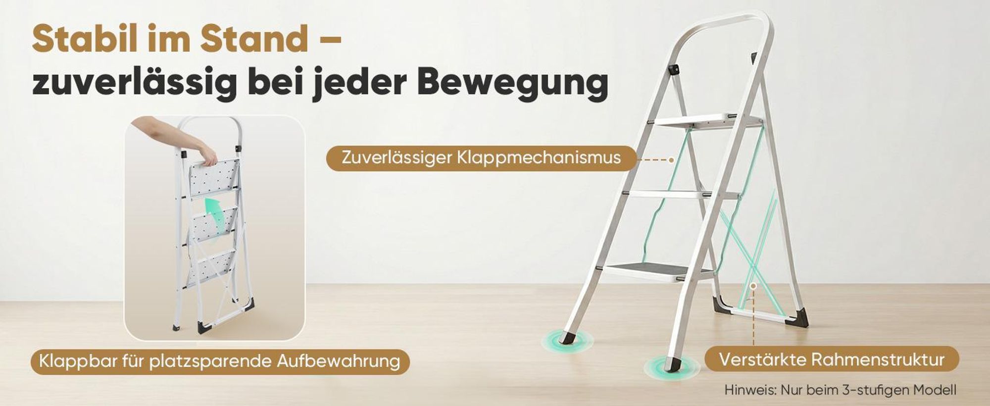 Sekey Trittleiter Klappleiter 3 Stufen – bis 150 kg, rutschfest, Lock-Klappsperre, Haushaltsleiter