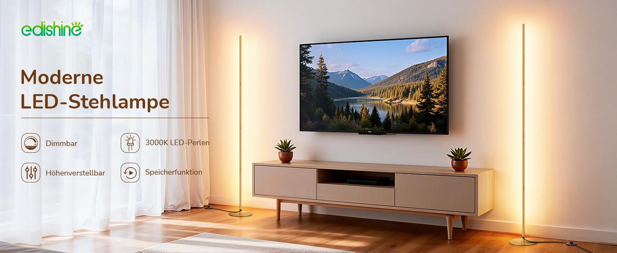 EDISHINE 2 Stück LED Stehlampe Dimmbar, 3000K warmweiße Stehleuchte mit Memory-Funktion, Gold,146 cm