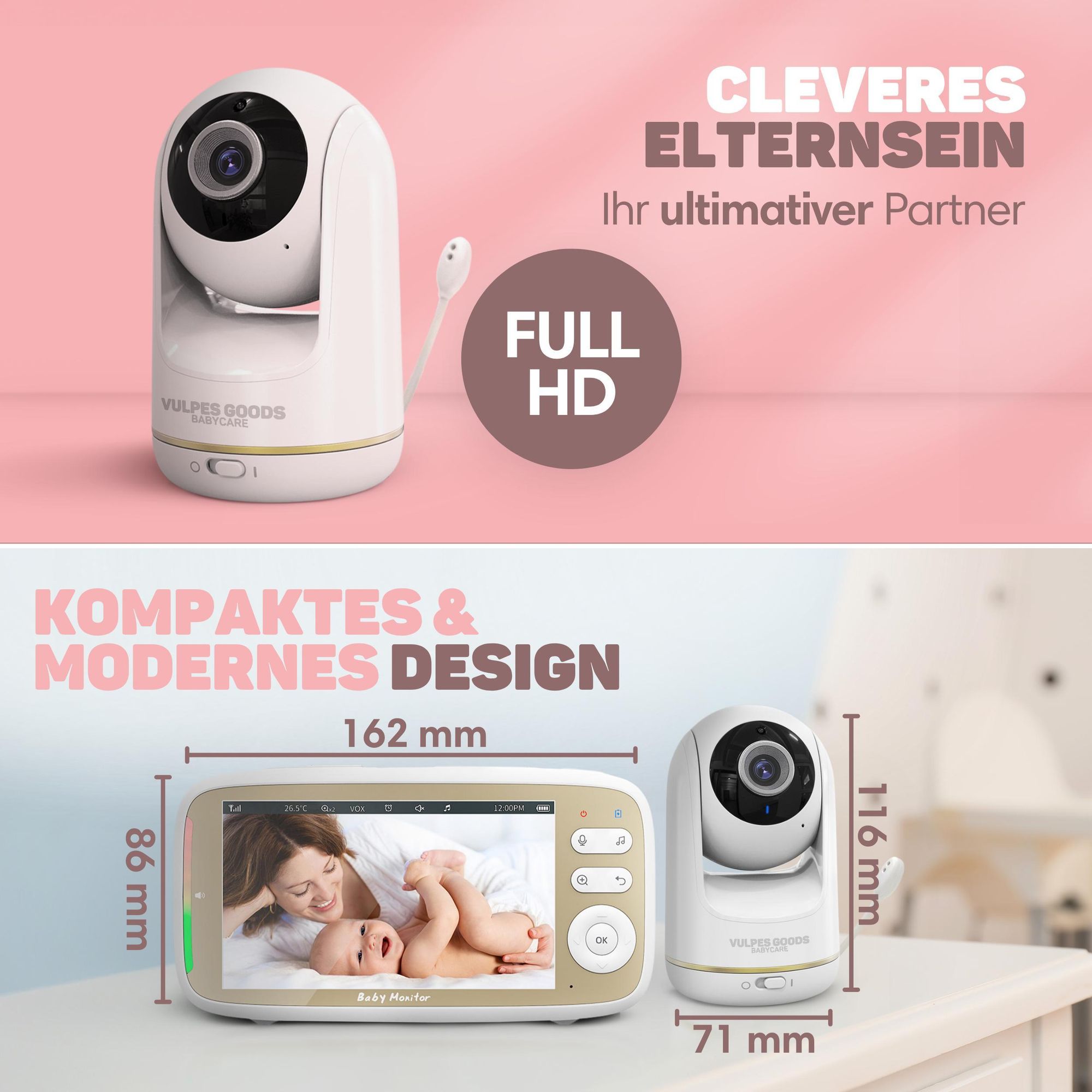 Vulpes Goods Babyphone mit Kamera, Babyphone mit Geräuscherkennung, 5" FULL HD Bildschirm, Ferngesteuert, Infrarot-Nachtsichtkamera