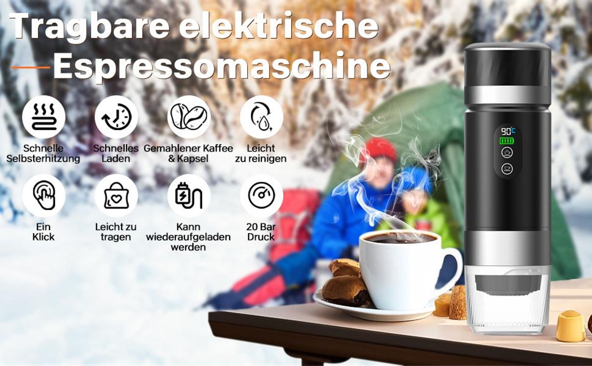 Tragbare Kaffeemaschine, Elektrische espressomaschine Kaffeemaschine, Elektrische Heizung, Kompatibel mit Espressokapseln und gemahlenem Kaffee