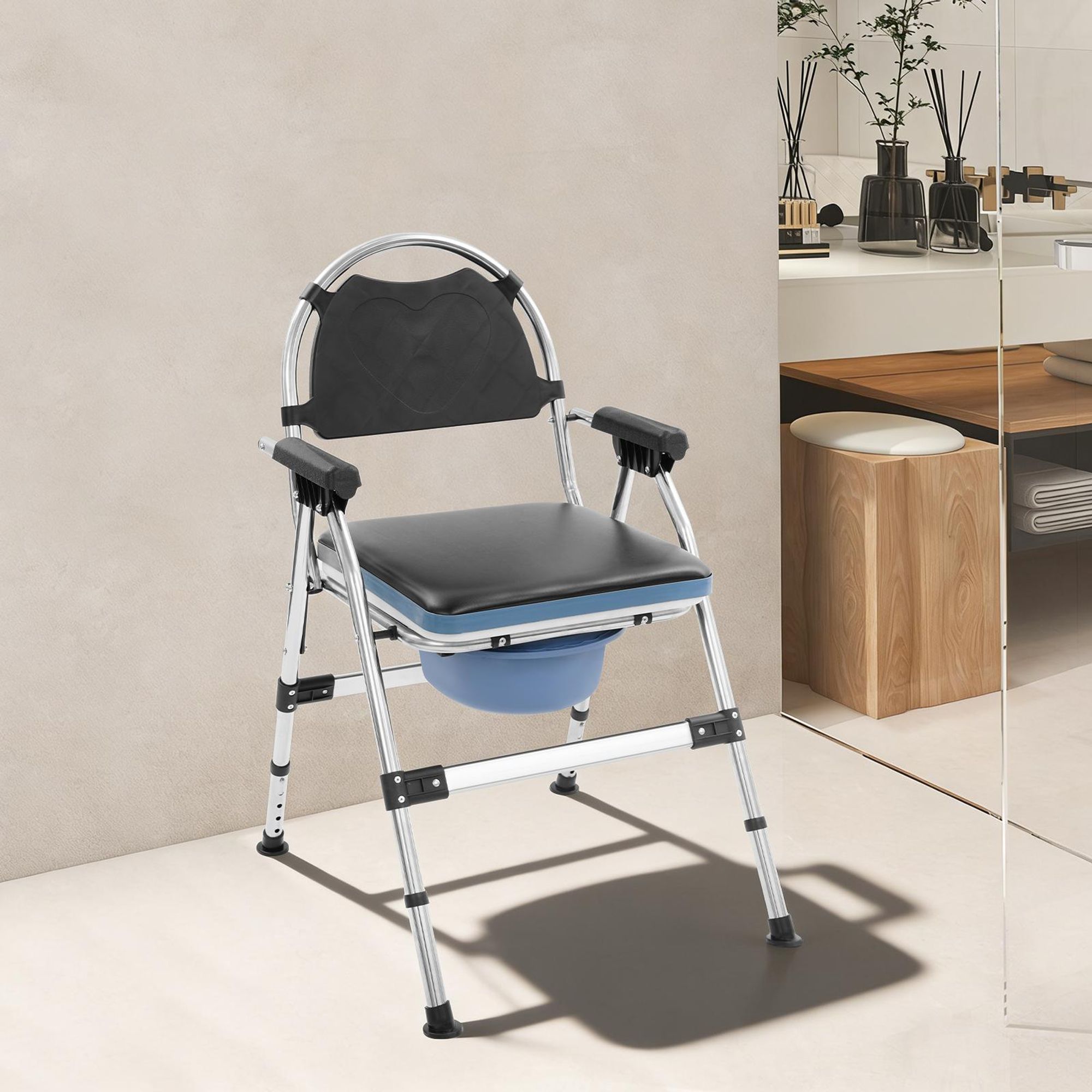 Toilettenstuhl für Senioren, klappbarer Toilettenstuhl mit verstellbarer Höhe, Duschstuhl mit Armlehnen und Rückenlehne