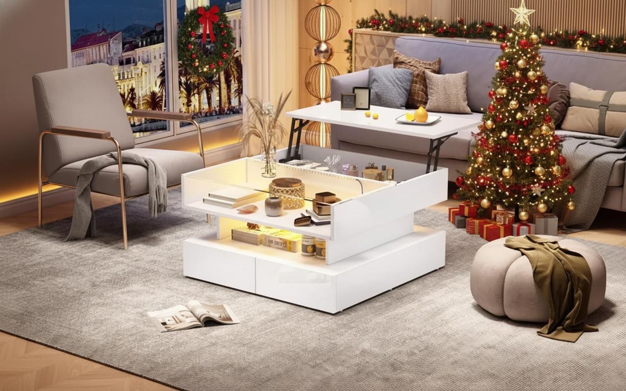 okwish Höhenverstellbarer Couchtisch Beistelltisch mit Verstecktem Stauraum,Hochglanz-Wohnzimmertisch Sofatisch mit 2 Schubladen und LED-Leuchten,Weiß