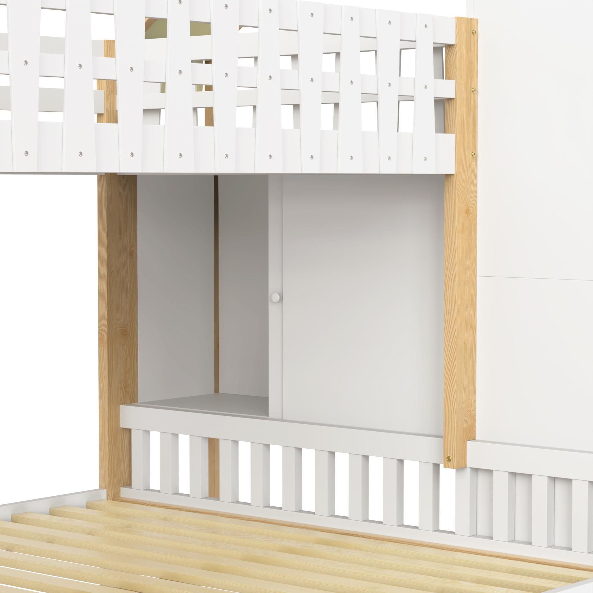 Flieks Etagenbett 90x200cm / 140x200cm, Kinderbett Hochbett mit Schubladen, Hausbett mit seitlichem Regal, Stockbett Holzbett 2 Kinder, Naturbelassen