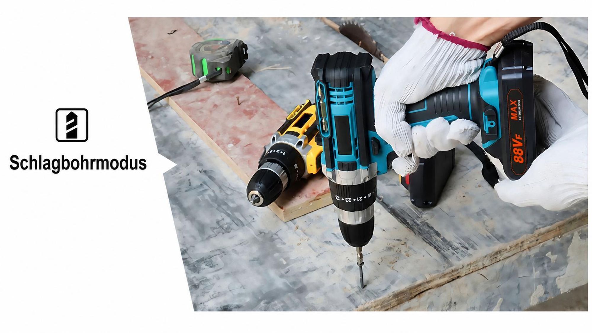 21V-Elektrobohrer-Set mit 2 1500-mAh-Akkus und einem Ladegerät, 2 Geschwindigkeiten, 3-in-1-Arbeitsmodus, 28 Zubehörteile, geeignet für Hofrenovierung