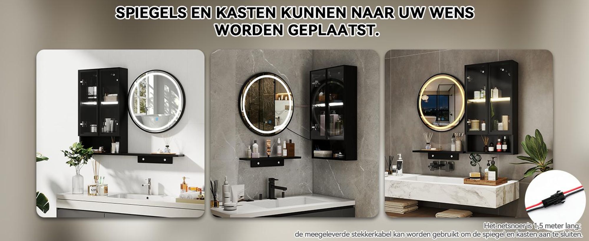 Puluomis Spiegelkast met LED-badspiegel, voorzien van een kast en open vakken, 3 lichtkleuren & dimbaar, anti-condens, bediening via touchpaneel, wandkast, zwart