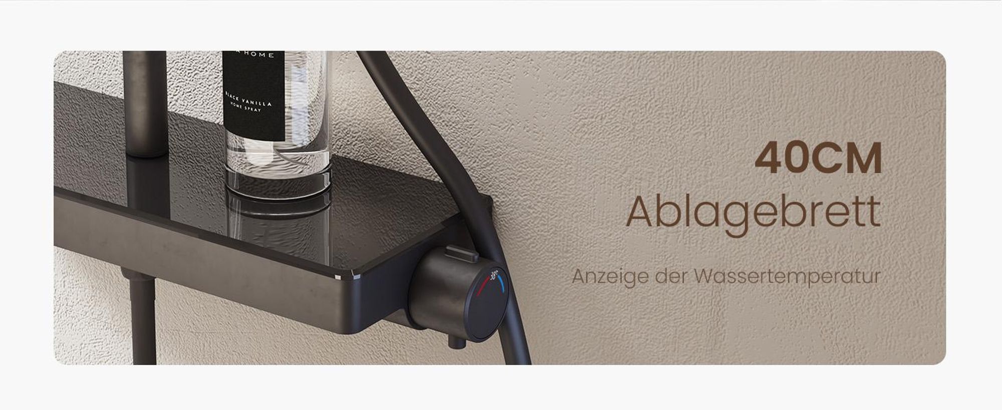 EMKE® Duschsystemmit Thermostat Rund Regendusche mit 40 cm Glasablage, Bad- & Duscharmaturen, Handbrause 3 Strahlarten + Unterer Auslauf Schwarz F22