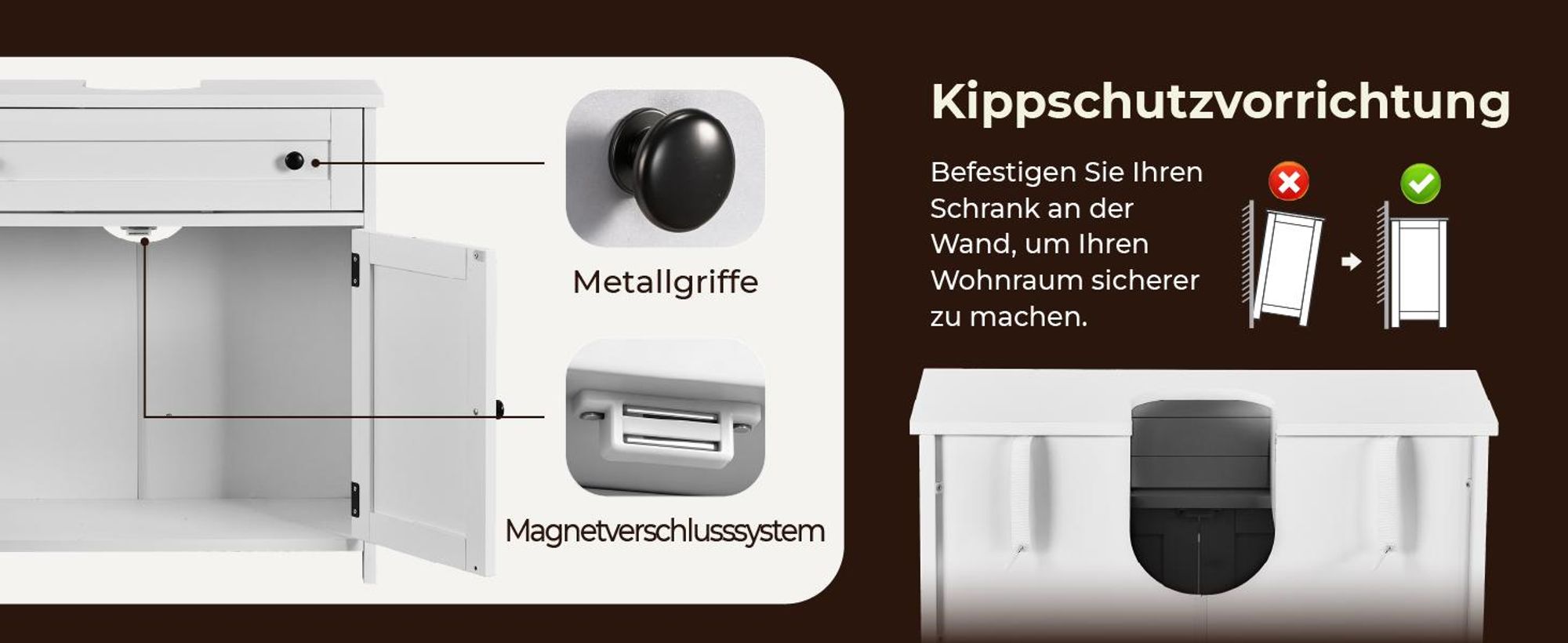 FCH Waschbeckenunterschrank mit große Schubladen, 2 Tür, Badezimmerschrank, 60x30x60 cm, Weiß