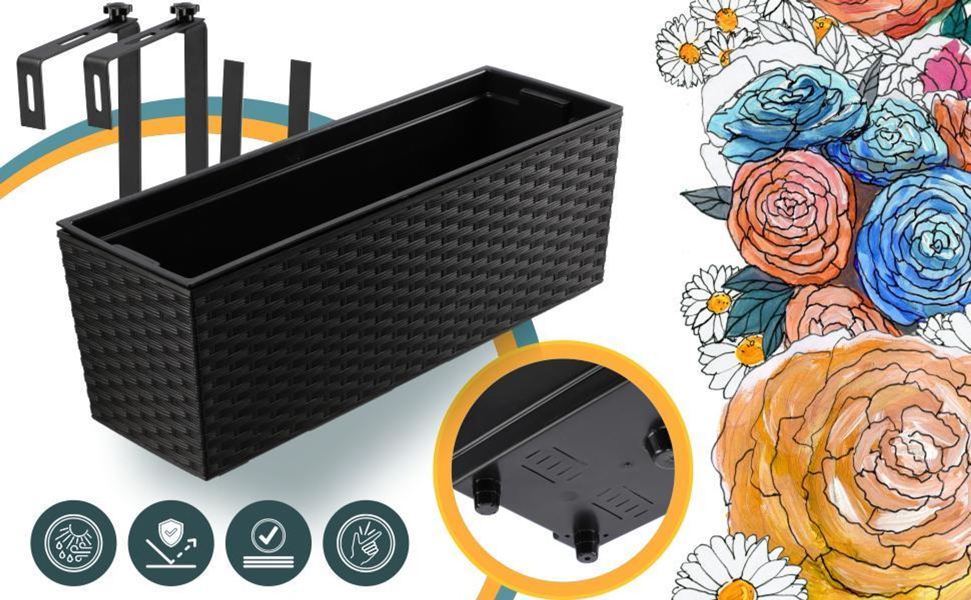 KADAX Blumentopf mit Einsatz "Murano", 56 cm, Mit Halterungen, Rattanmuster, Schwarz