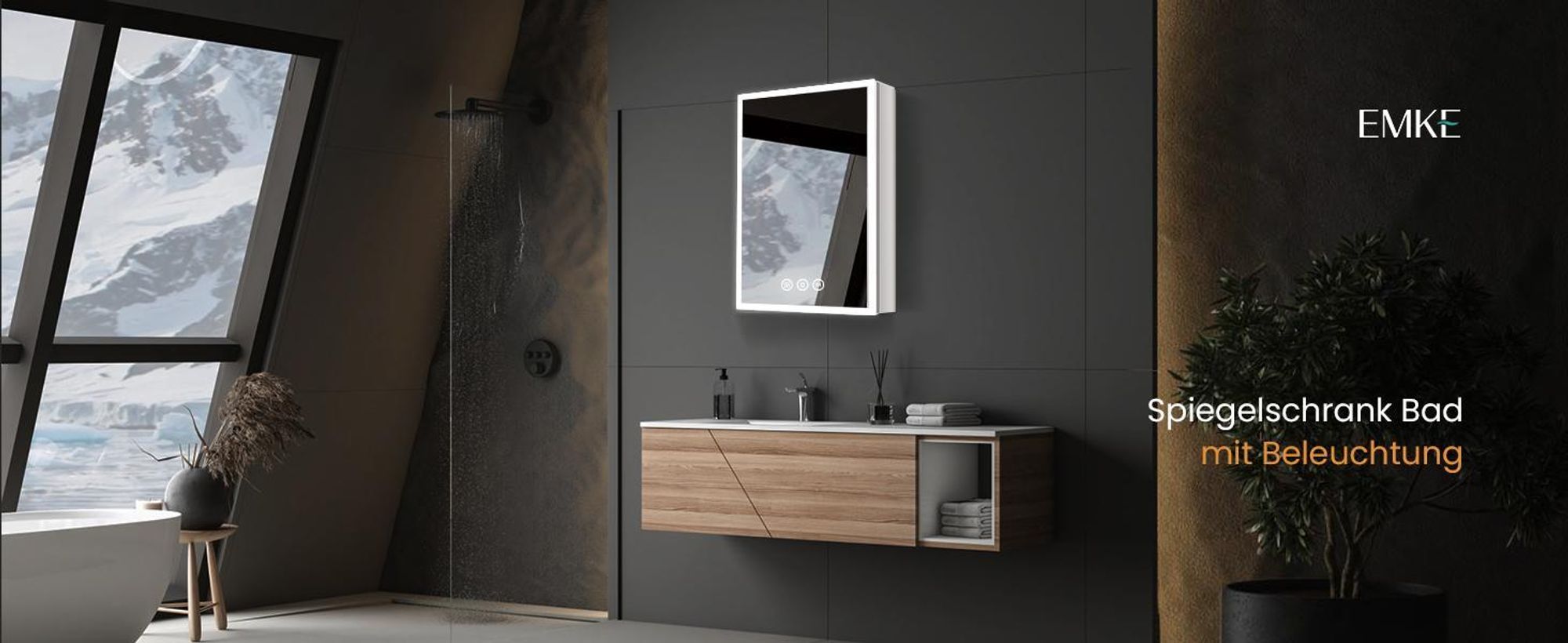 EMKE Spiegelschrank mit Beleuchtung 145 x 500 x 700 mm LED Spiegelschrank mit beschlagfrei und Steckdose, 3-Farbiger dimmbarer - 1 Tür Badschrank