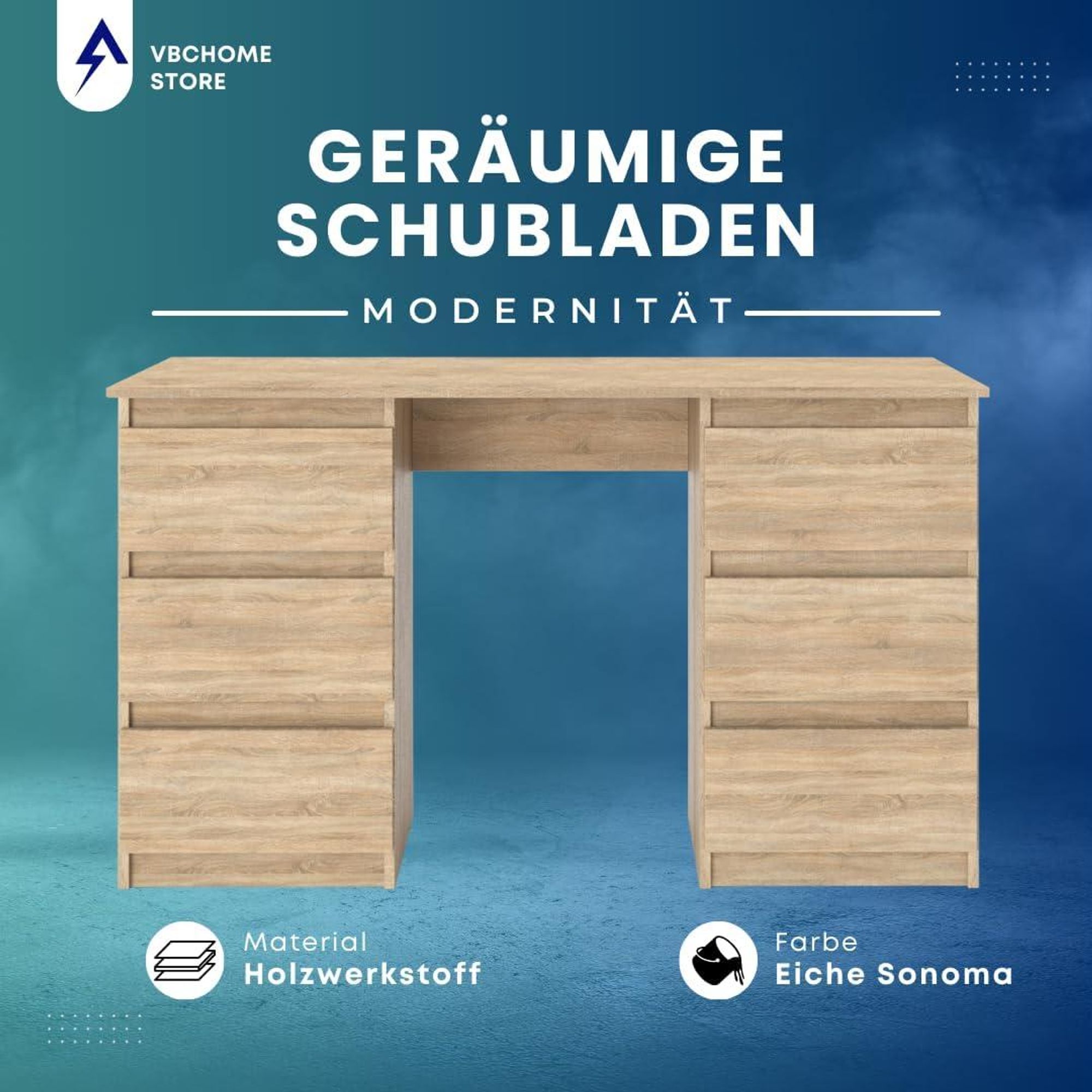 VBChome Schreibtisch 120x50x75 cm Eiche Sonoma Bürotisch mit 6 Schubladen Computertisch PC-Tisch Arbeitstisch Laptoptisch Home Office Schreibtisch