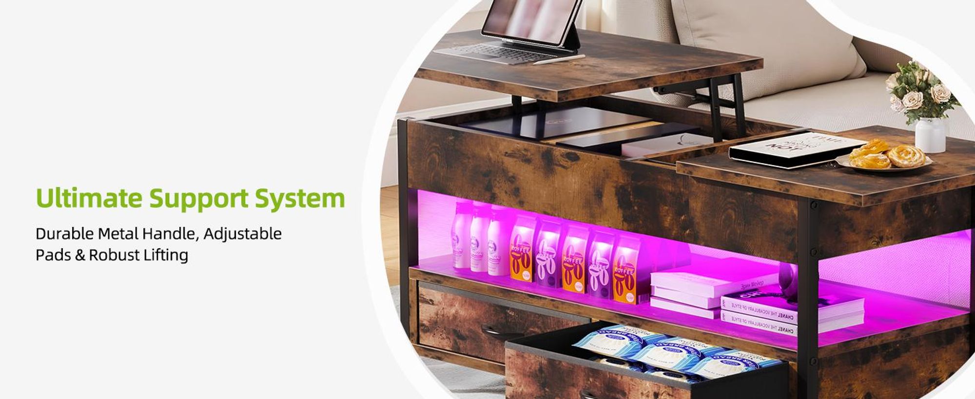 YITAHOME LED Couchtisch Wohnzimmertisch, Höhenverstellbar mit stauraum und 2 Schubladen, 106 x50x51,5cm, Braun