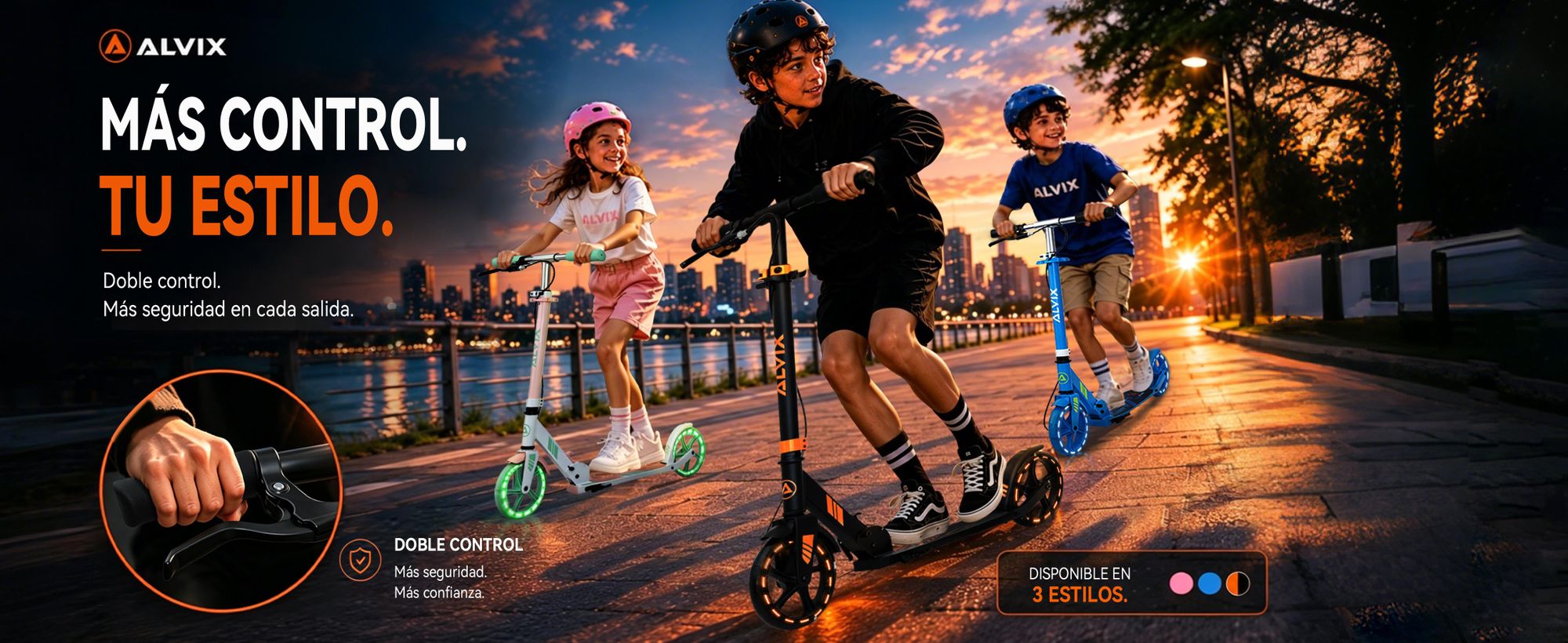 Patinete infantil ALVIX con freno de mano y ruedas LED, ajustable en altura, plegable, apto para niños a partir de 6 años, con ruedas de 200 mm, plataforma ancha, correa para transporte, capacidad máxima de 100 kg - Azul