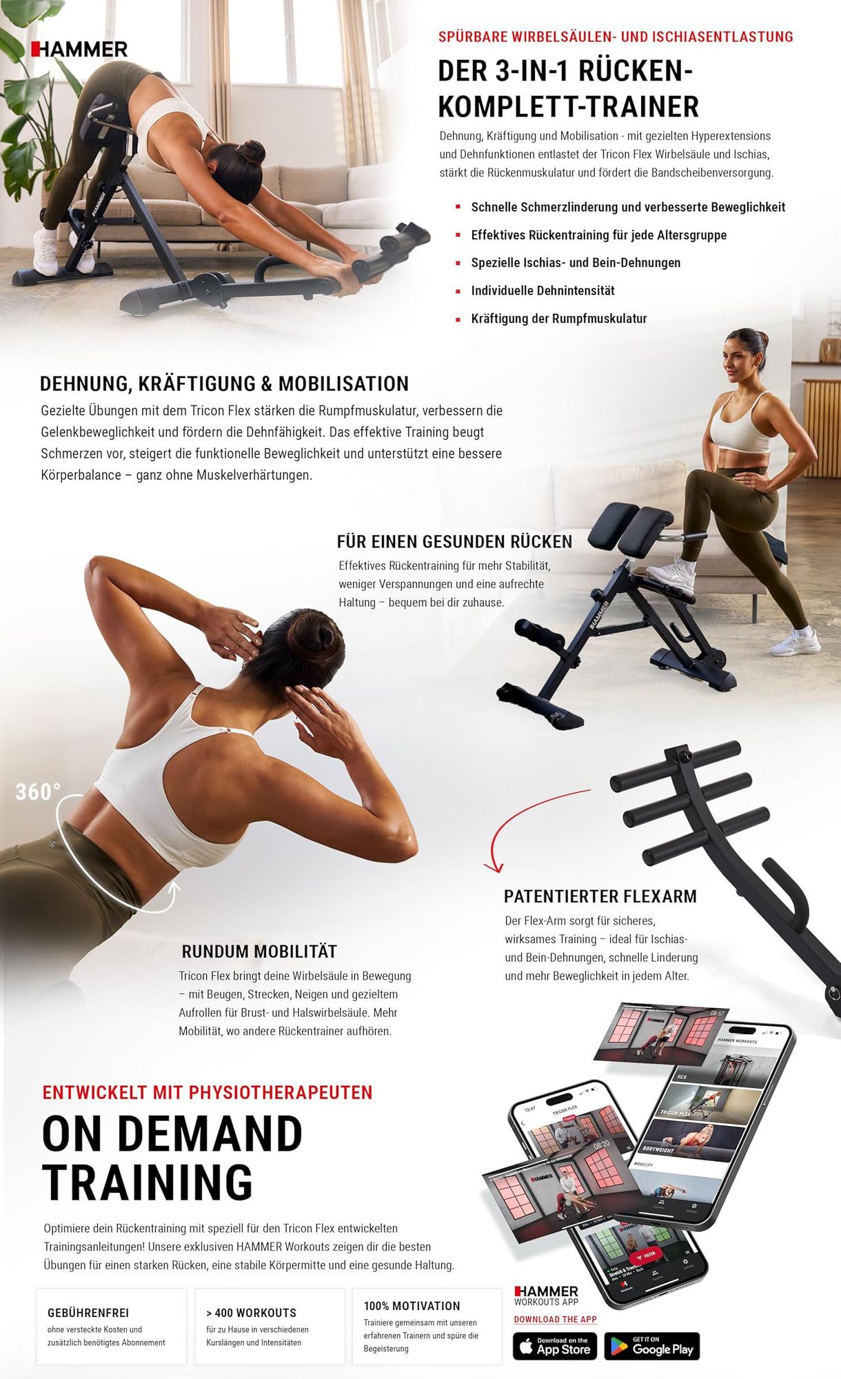 HAMMER Rückentrainer Tricon Flex, 3 in 1 Rücken-Komplett-Trainer