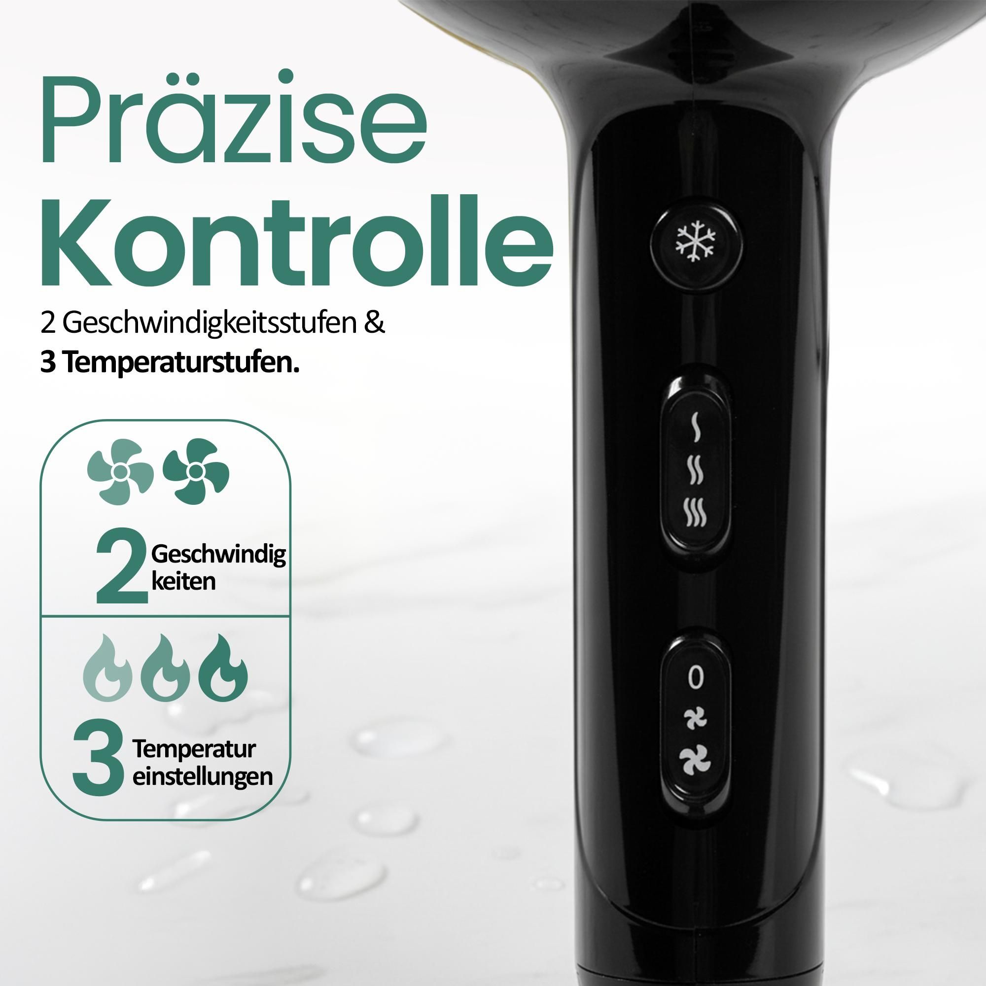 Emerio Haartrockner – Föhn – 2 Geschwindigkeiten – 3 Temperaturstufen – Cool-Shot – Ionisierung – Stylingdüse + Diffusor – 2200 W – HD-122192