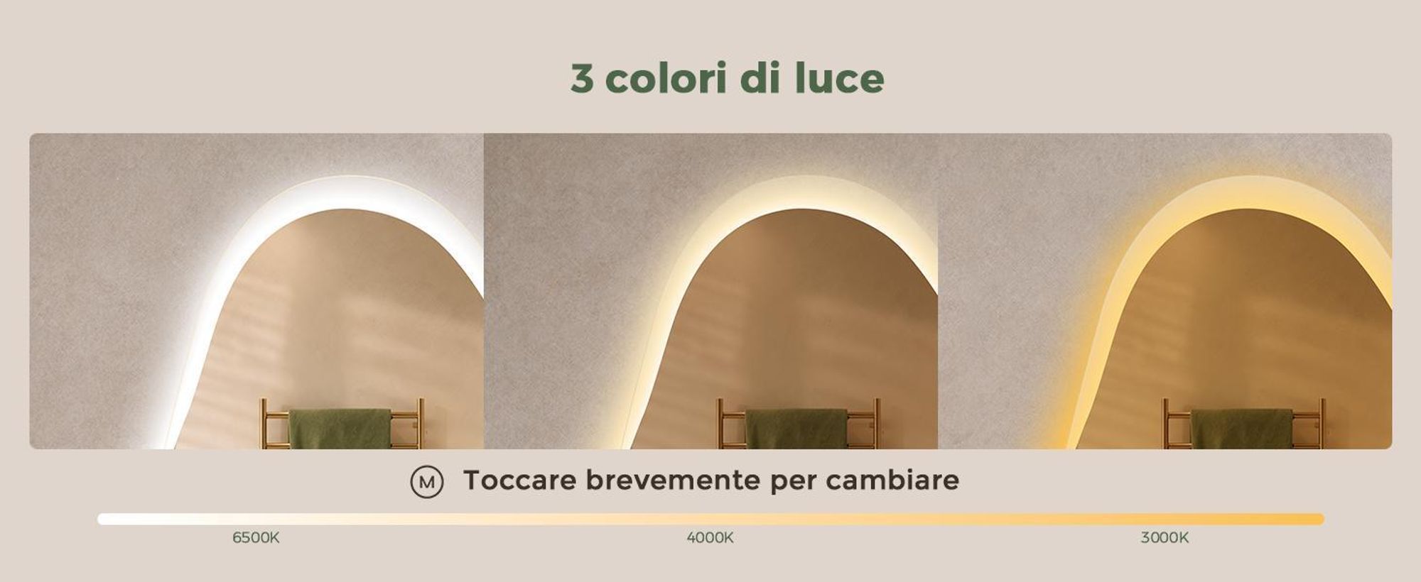 S'AFIELINA Specchio Bagno LED 48 × 72 cm, Asimmetrico, Touch, Senza Cornice,3 colori di luce, dimmerabile, antiappannamento e memoria