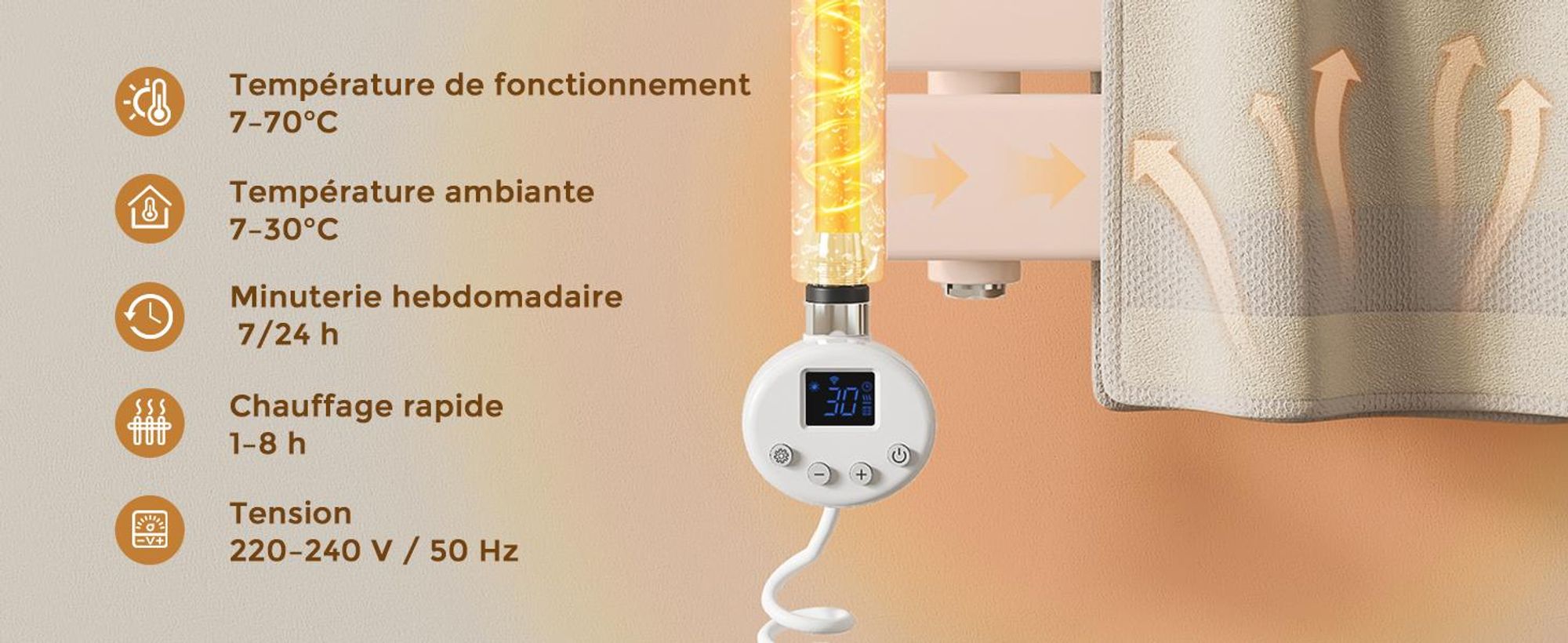 S'AFIELINA thermoplongeur avec thermostat 1200W, minuterie programmable & affichage LCD, WiFi, pour radiateur sèche-serviettes, acier inoxydable, contrôle intelligent, blanc