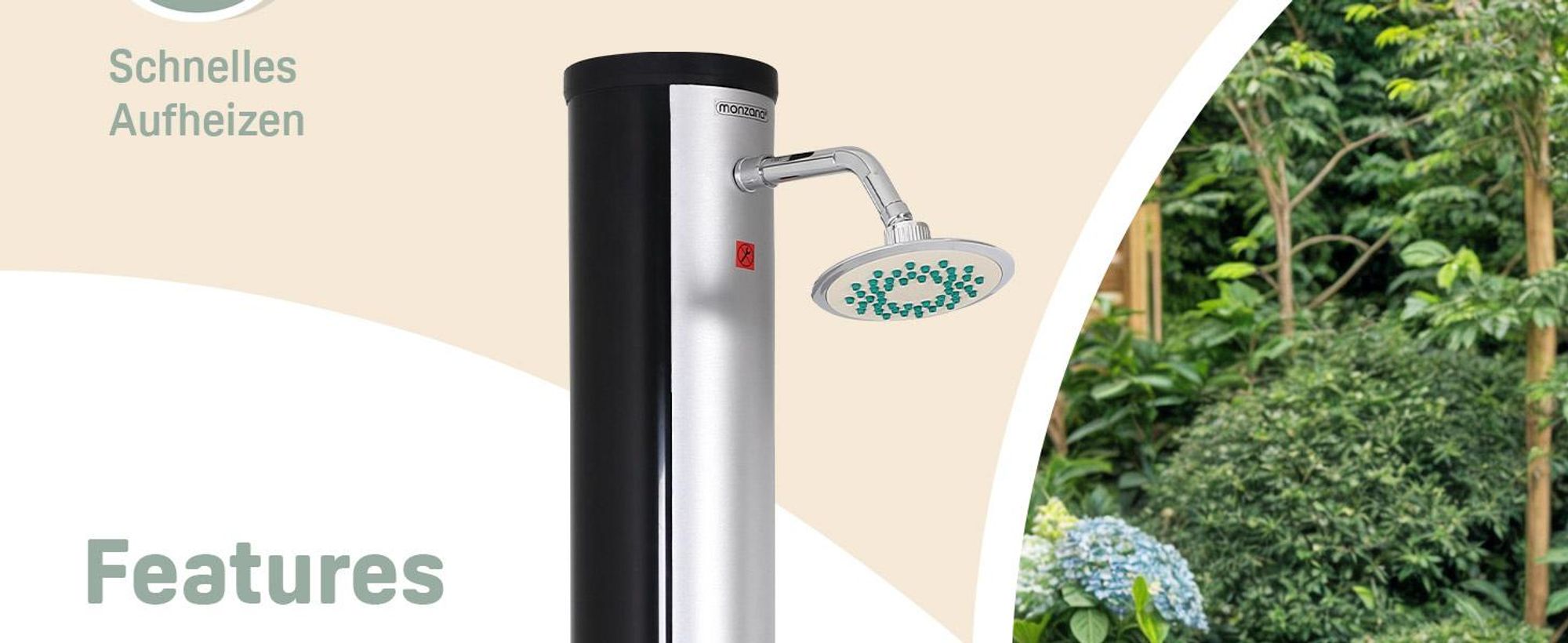 MONZANA Solardusche 35L für Garten, 216 cm hoch, UV-beständig, schwenkbarer Duschkopf & Wasserhahn