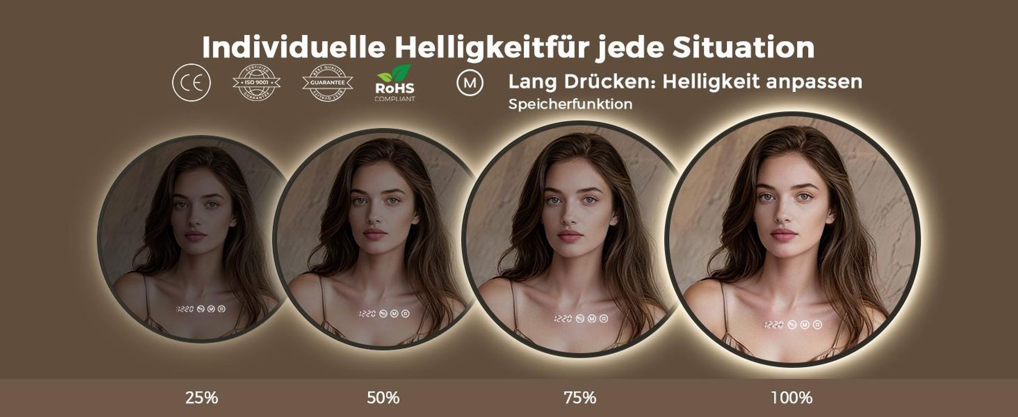 S'AFIELINA LED Badezimmerspiegel Rund Ø80 cm, Schwarzer Rahmen, 3 Lichtfarben, stufenlos dimmbar, Antibeschlag, Uhr & Temperaturanzeige, Memory