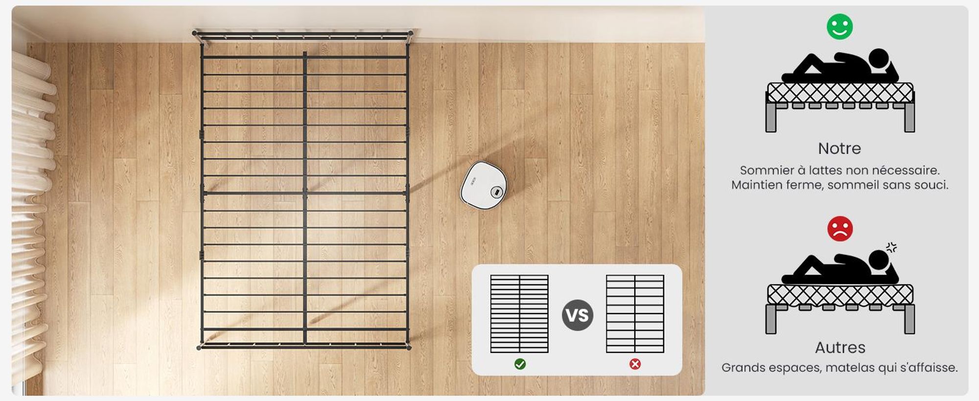 Lit 140 x 200 cm, sommier métallique avec tête de lit, cadre de lit de 36 cm de hauteur avec 32 cm d'espace de rangement, 14 lattes métalliques, silencieux, noir