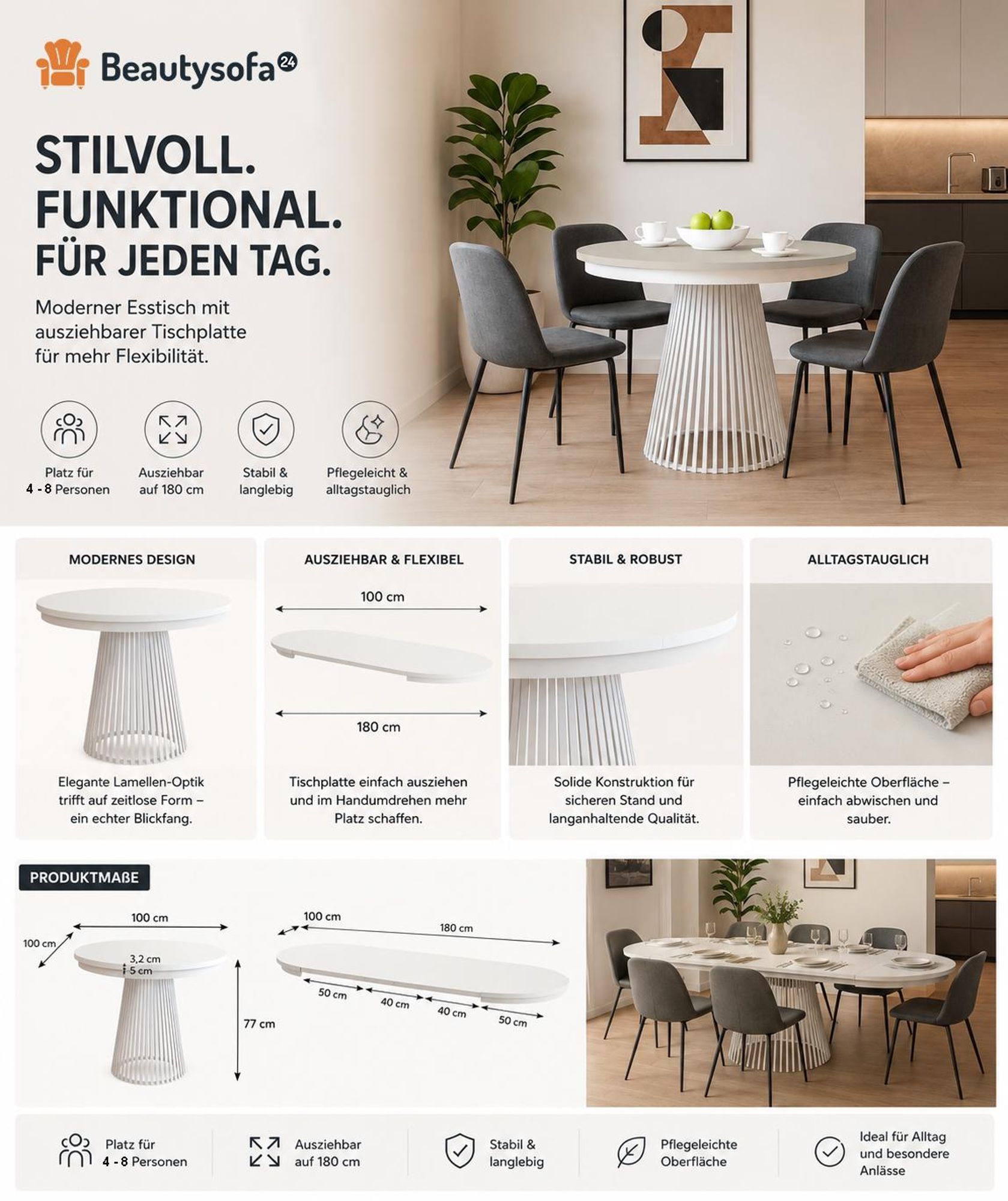 BEAUTYSOFA | Runder Ausziehbarer Tisch LUMI Ø 100–180 cm, Tisch für Esszimmer, Loft-Stil, Skandinavische, Kaschmir/Kaschmir