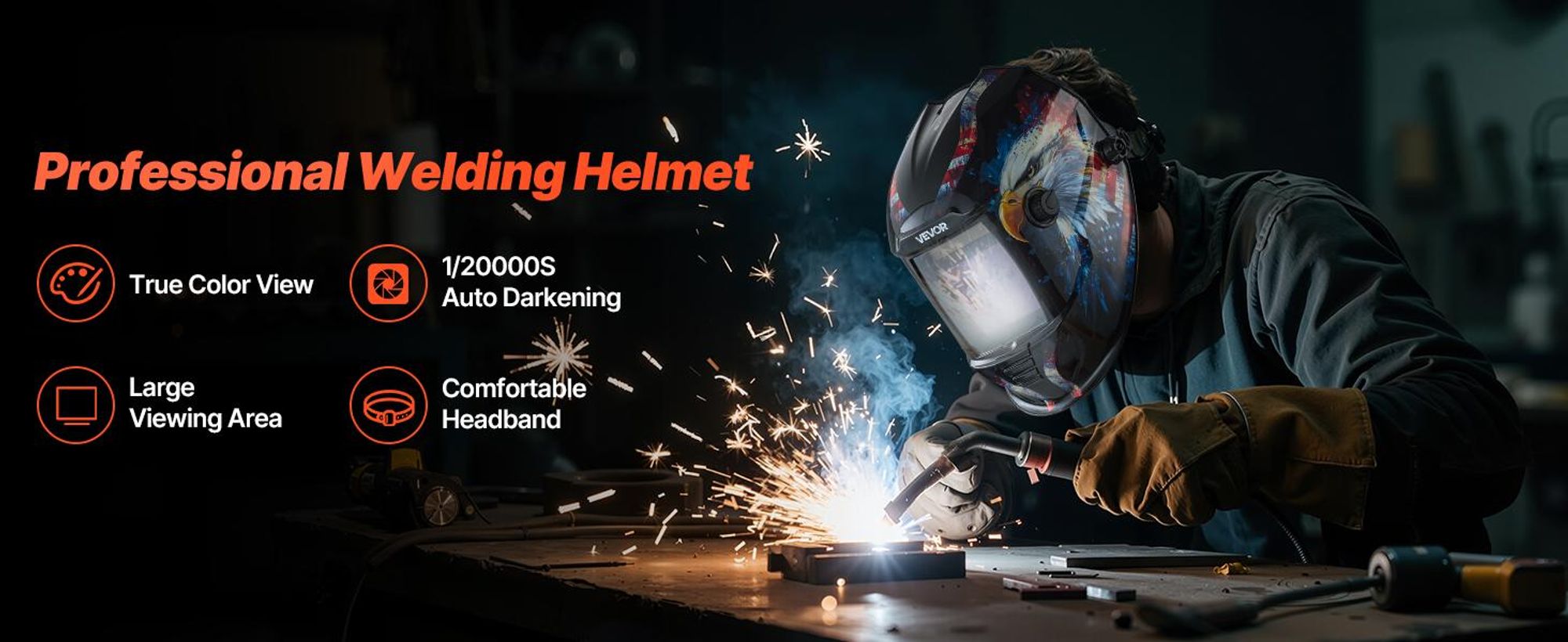 VEVOR Automatik Schweißhelm, 100 x 80 mm True Color, 1/1/1/1 Solar Schweißermaske, 4 Lichtbogensensoren, Schweißschirm DIN 4/5-9/9-13 für WIG MIG ARC Schweißen Schleifen Schneiden – METIS-Serie
