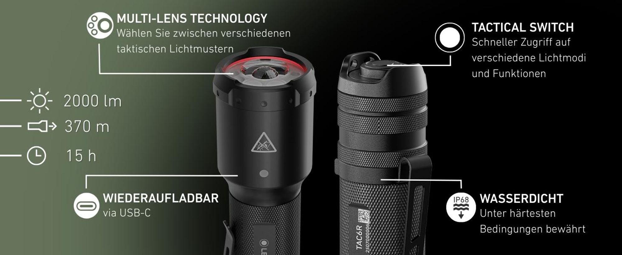Ledlenser TAC6R  Taschenlampe, wiederaufladbar, LED 2000lm, 6 Modi inkl. Strobe, Multi-Lens-Technologie, bis zu 370m Leuchtweite, IP68, USB-C-Akku