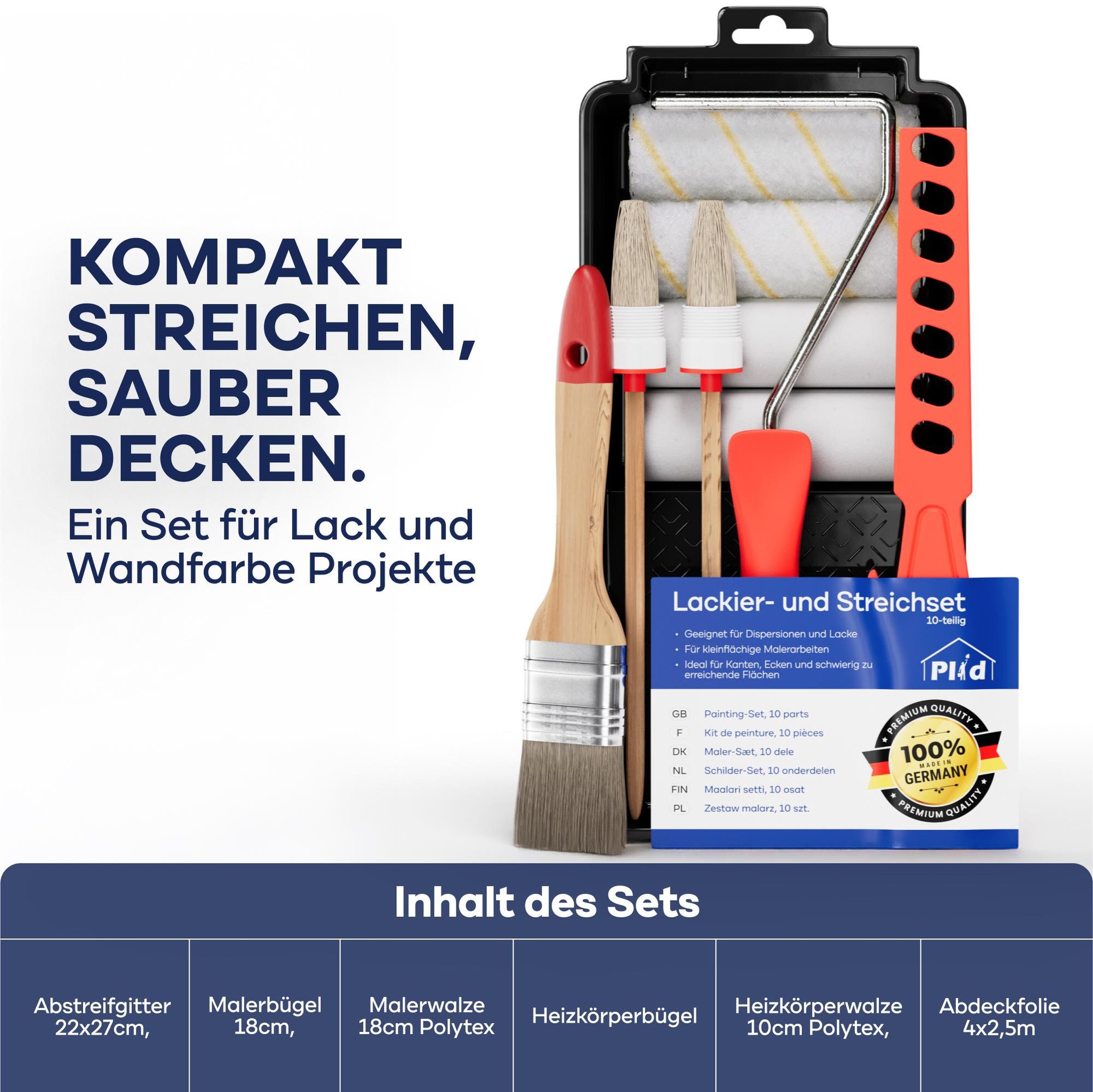 Plid Streichset & Lackierset – Pinsel, Farbwanne, Farbwalze & Steckbügel – Profi Malerset für Wand, Lack & Renovierung