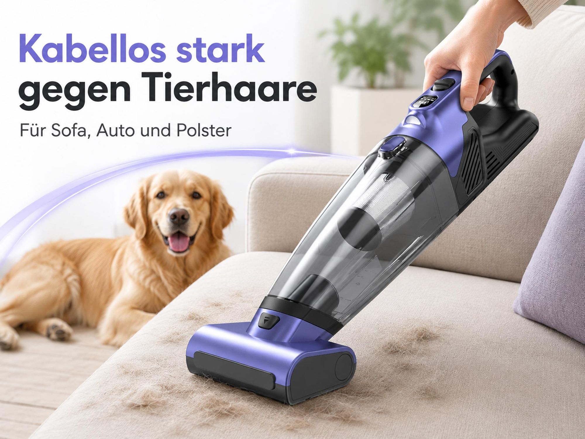 Akku Handstaubsauger 20000Pa, kabelloser Tierhaar-Handsauger mit LED-Licht & 10400mAh Akku, 2 Saugstufen, für Auto, Sofa, Teppich, Treppe, Tierhaare