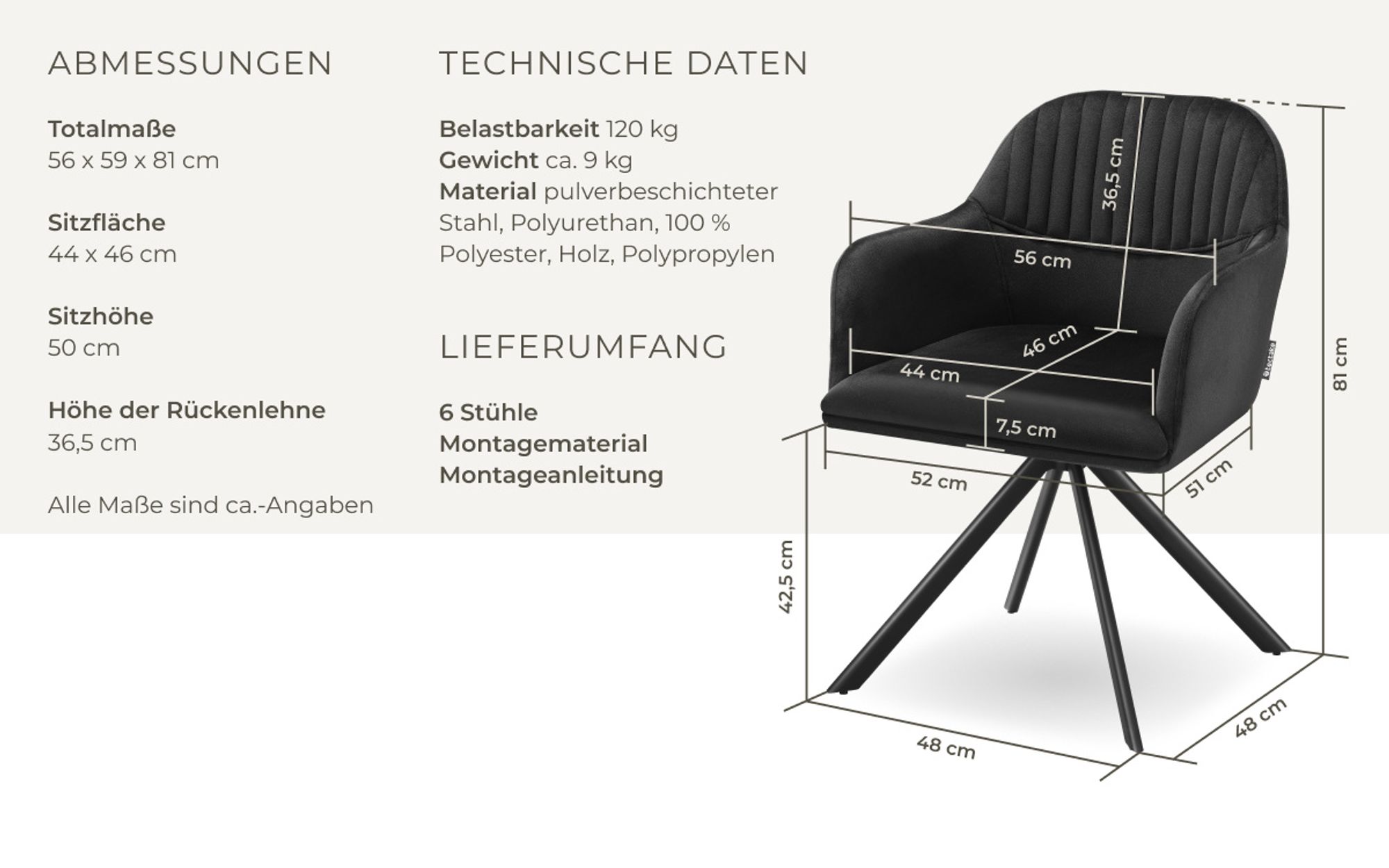 tectake® Samt-Drehstuhl Lona gepolstert 56 x 59 x 81 cm