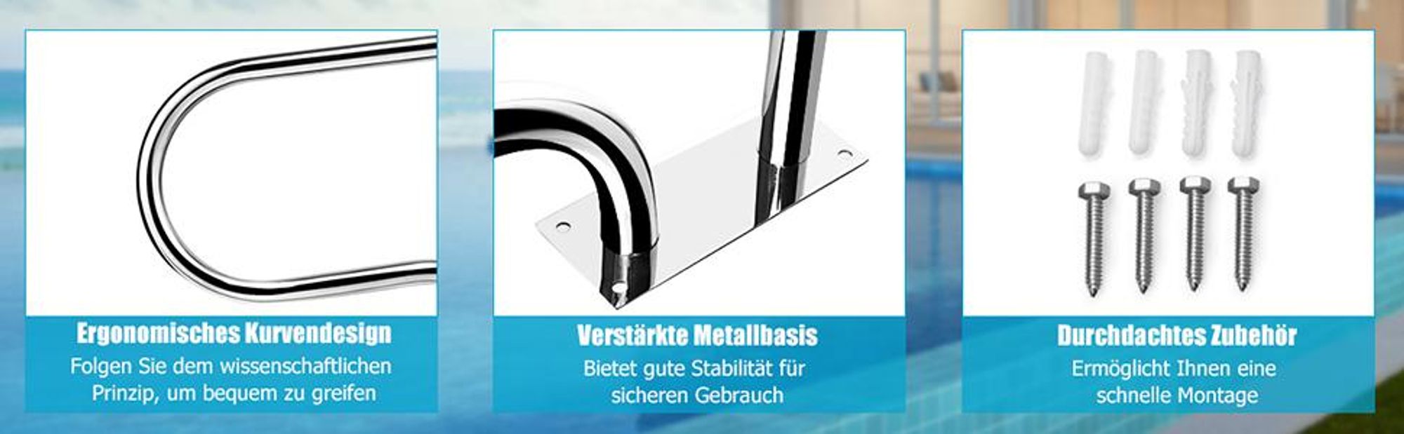 COSTWAY Edelstahl Poolleiter, Schwimmbad Leiter Handlauf Einstiegsleiter, Schwimmbadleiter, Einbauleiter Silber