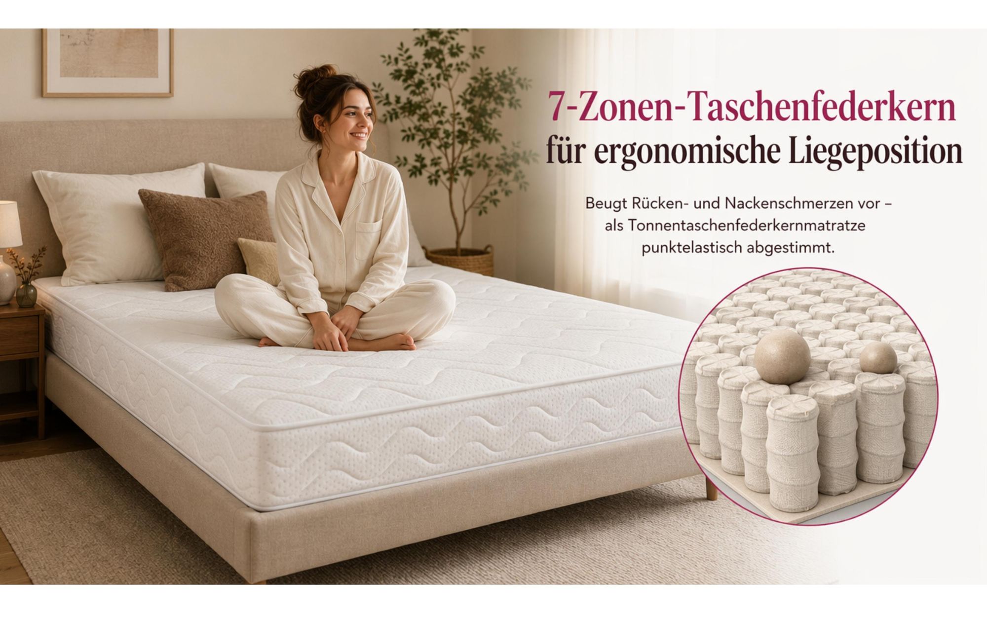 MARPUR Taschenfederkernmatratze 180x200 Comfort, 7 Zonen, H3/H4, Höhe 26 cm, Latex-Kokos