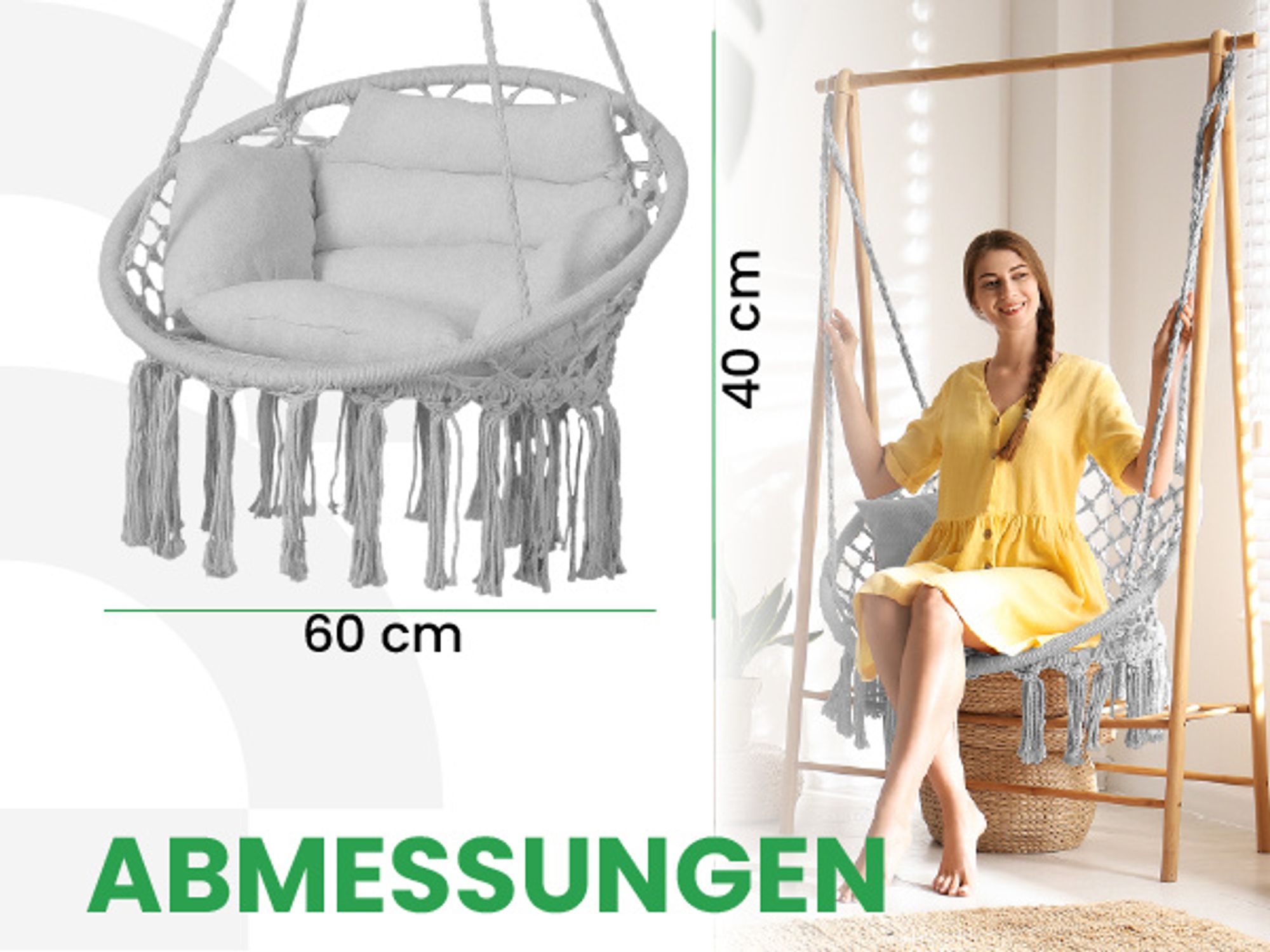 Hängesessel Storchennest mit Kissen in farben Grau