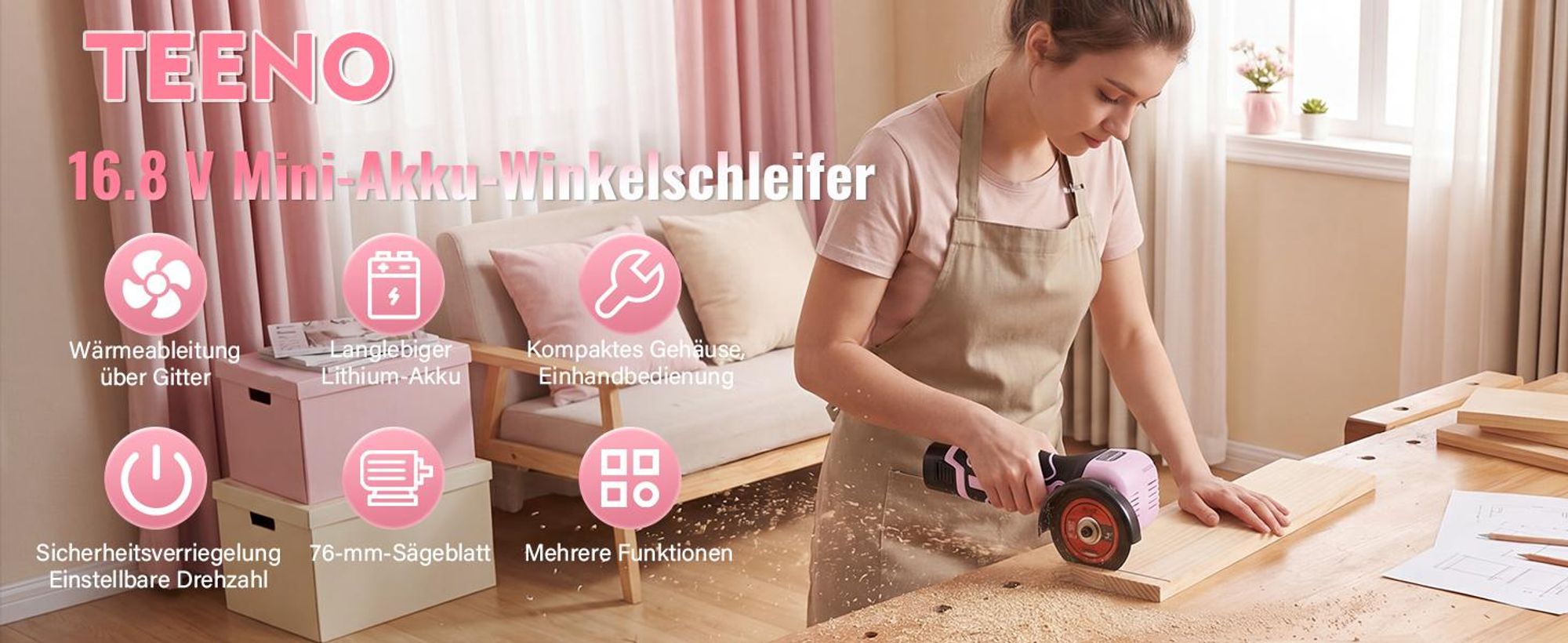 Winkelschleifer TEENO 19.500 U/min – kabellose Schleifmaschine, 76 mm, Komplettset mit 2 Akkus 2000 mAh und 6 Scheiben – zum Schleifen, Polieren