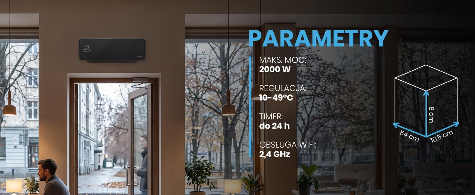 Kurtyna Powietrzna Mocny Grzejnik Energooszczędny WiFi Pilot Timer 2000W PT5800W-BL
