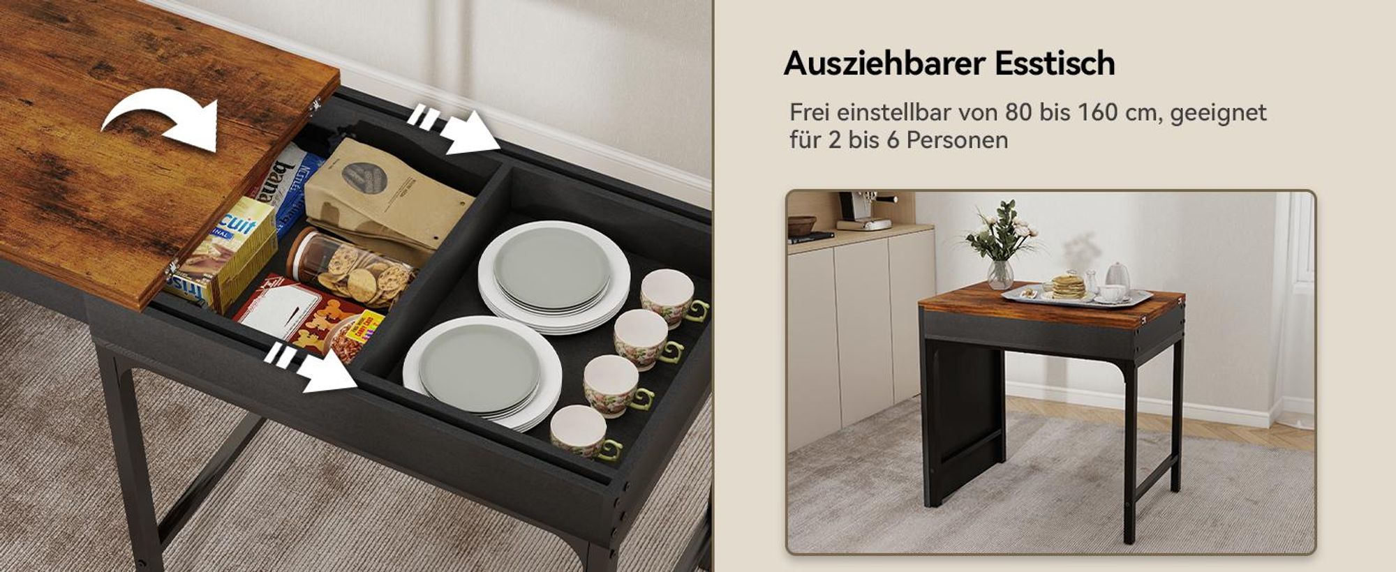 Puluomis Esstisch ausziehbar, Erweiterbarer Tisch 55x80-160cm, Klapptisch mit Verstärkter MDF-Platte, Küchen-/Wohnzimmertisch weiß braun