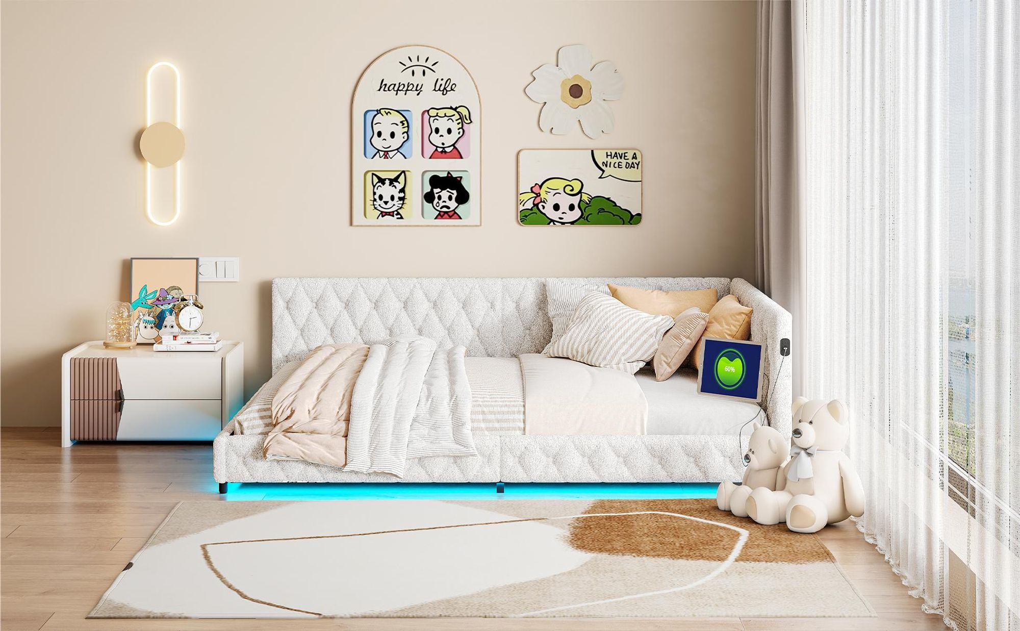 INONEFT  Polsterbett 140x200cm mit LED- und USB-Schnittstelle,Schlafsofa Tagesbett mit lattenrost ,doppelbett jugendbett,Teddyfleece,Beige.