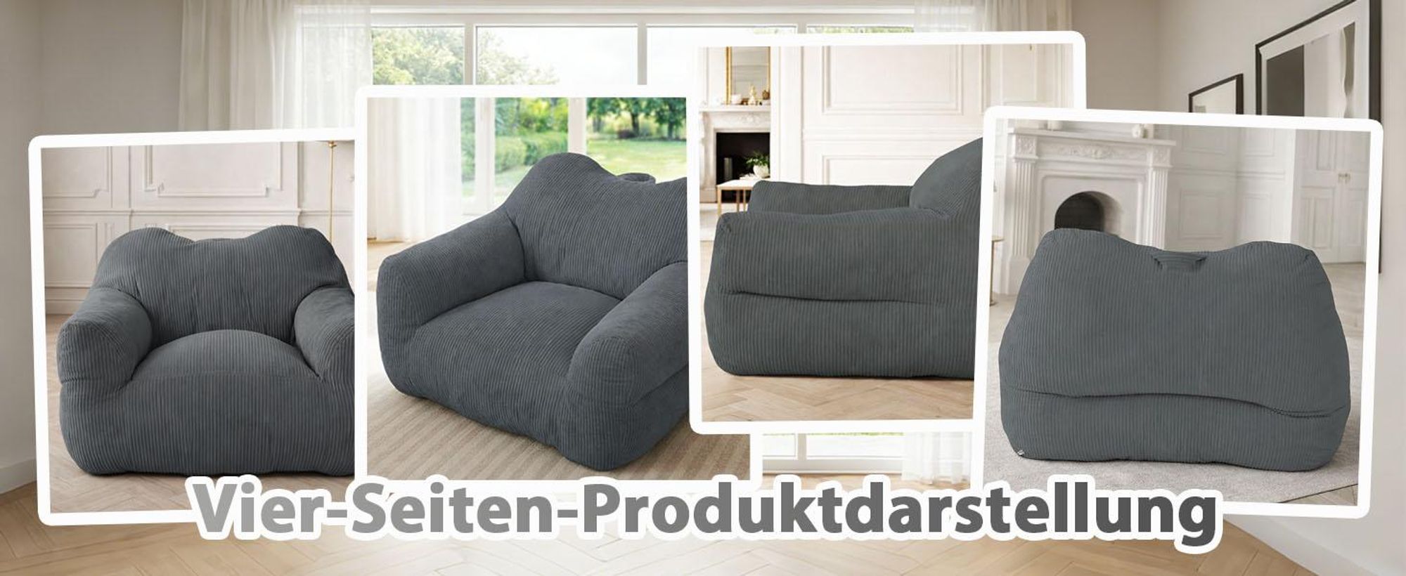 Übergroßer Sitzsack für Erwachsene, Füllung aus Schaumstoffflocken, flauschiges Bodensofa, quadratisch, Grau