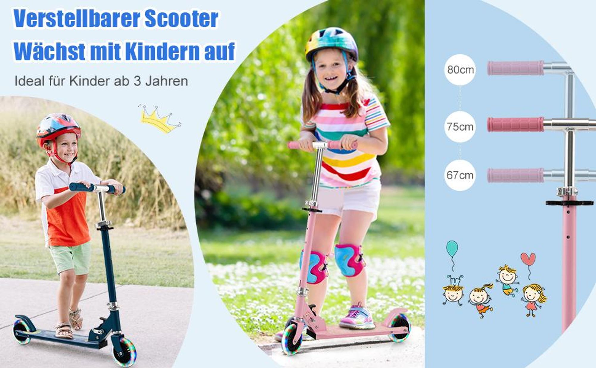COSTWAY Scooter Kinder Roller, Tretroller mit LED-Räder, Klappbar Lenker, Höhenverstellbar Kinderroller Cityroller Kickscooter für Jungen und Mädchen ab 3 Jahren