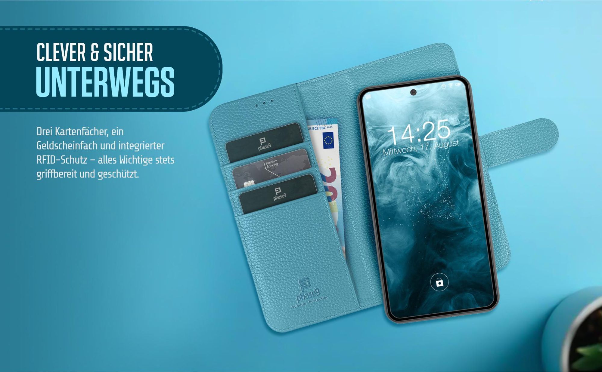 Smartphonetasche in Türkis mit Karten und Geldfächern für das Samsung Galaxy S25