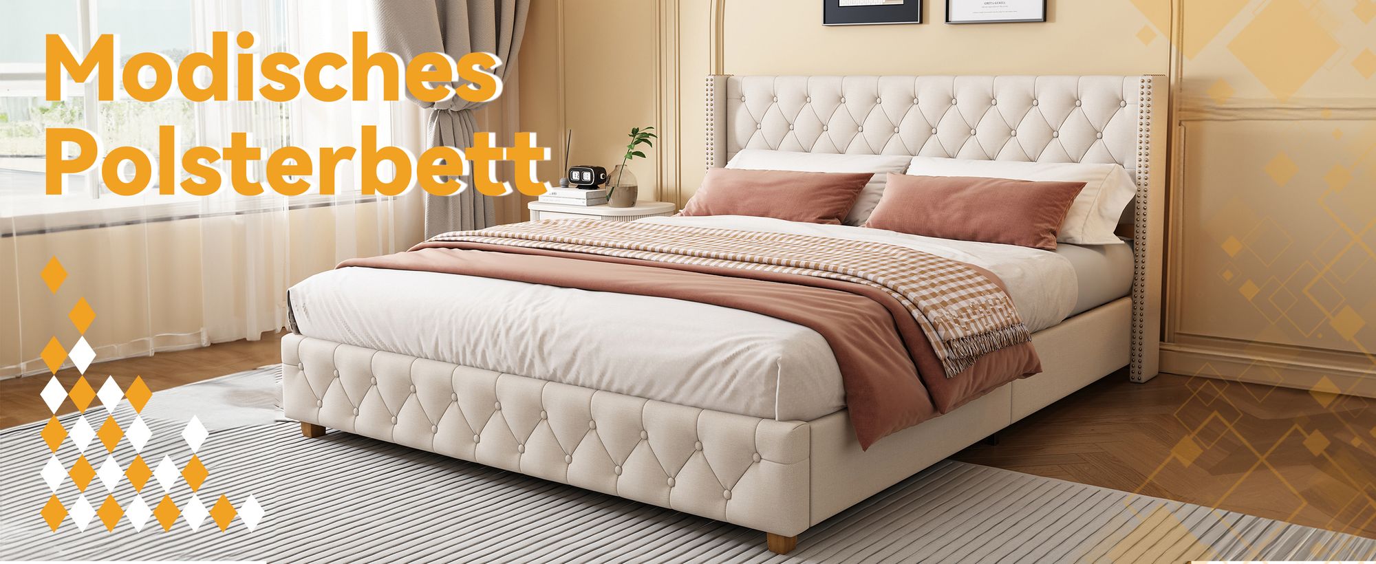 okwish Polsterbett Doppelbett 160×200cm mit Lattenrost und Kopfteil, Knopfpolsterung, Nietenpolsterung, Leinen, Beige,Ohne Matratze