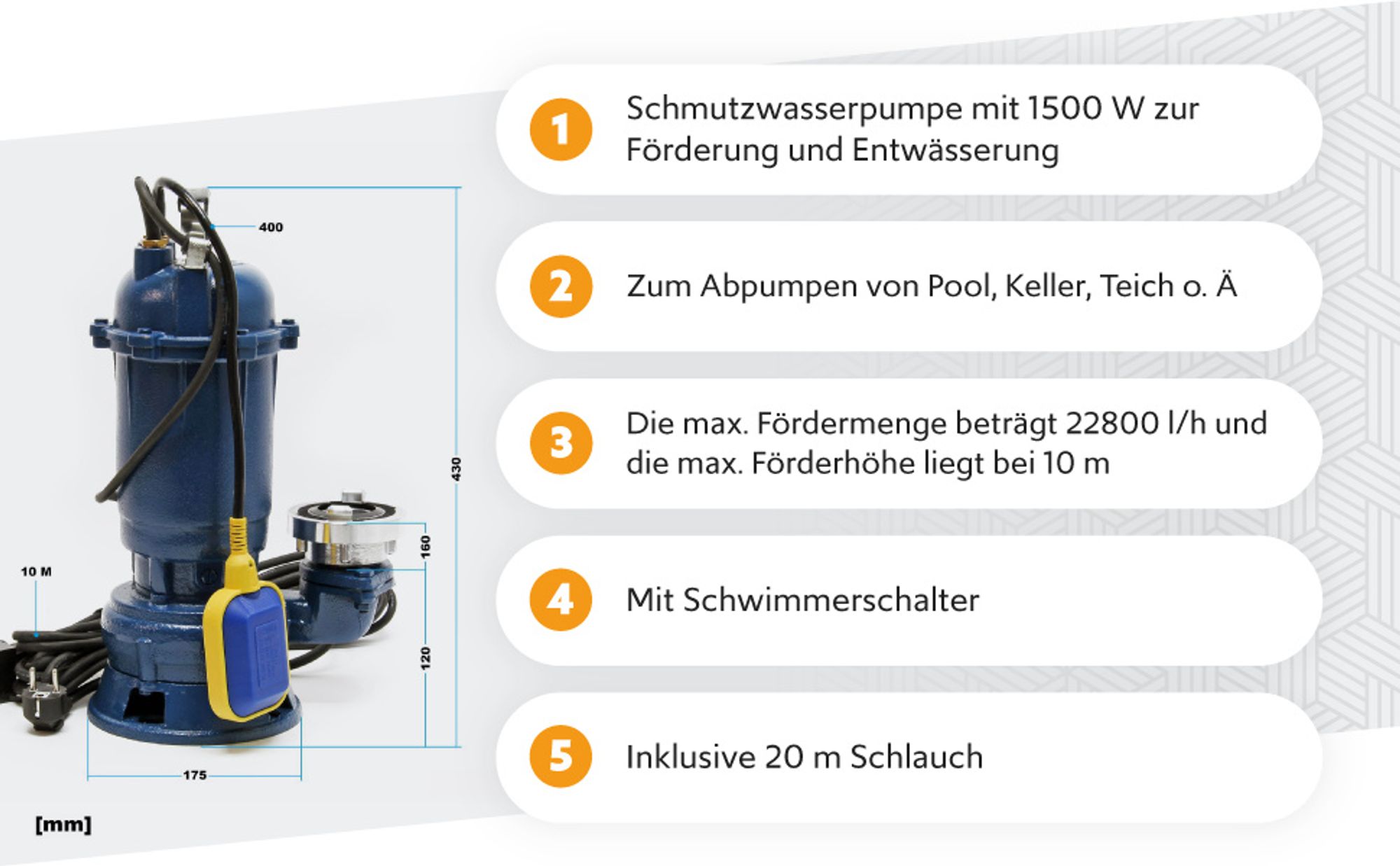 Wiltec Schmutzwasserpumpe 1500W 36000l/h mit Schwimmerschalter max. Förderhöhe 10m mit 20m Schlauch