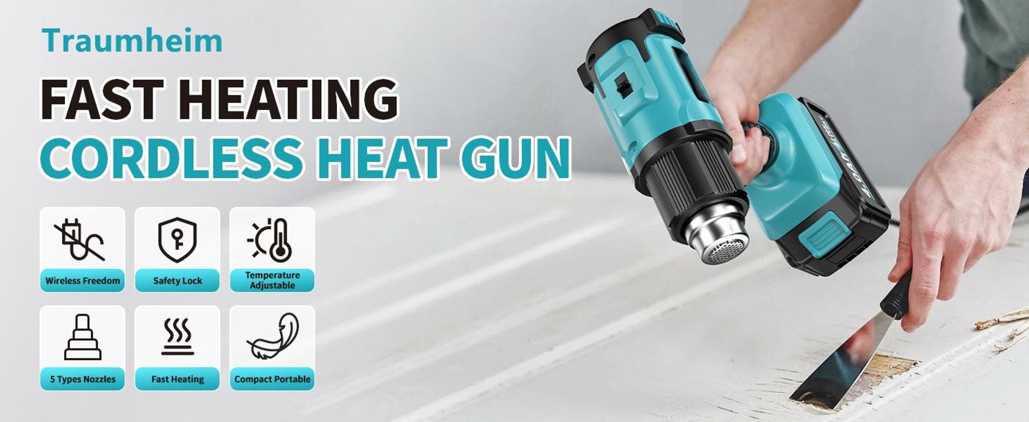Akku-Heißluftpistole 21V mit 2x 4000mAh Akku & 5 Düsen - 550°C / 300°C Heißluftgebläse, Sicher & Ergonomisch, für Handwerk, Auto, Bau & DIY Projekte